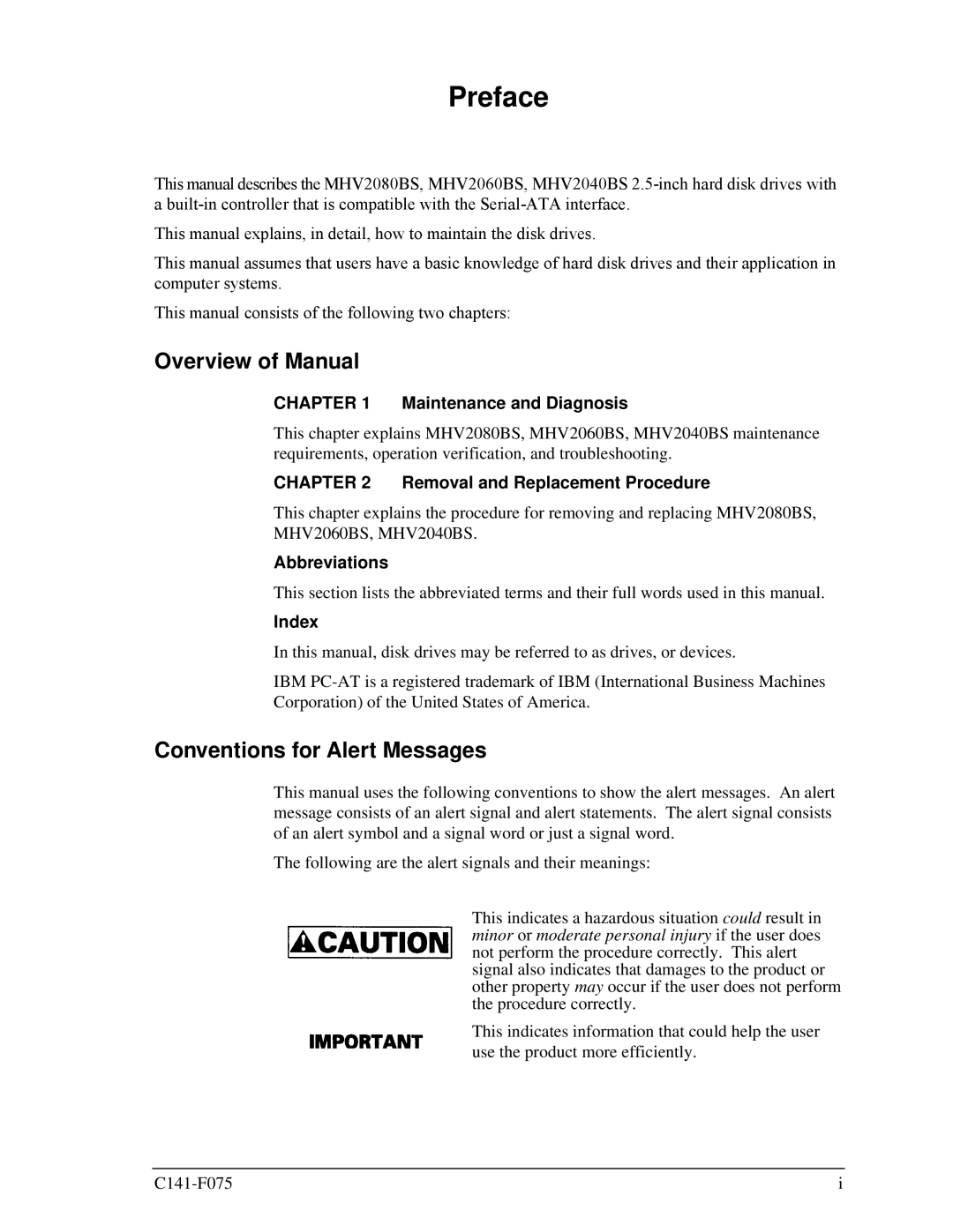 Fujitsu MHV2040BS, MHV2080BS, MHV2060BS manual Preface, Overview of Manual, Conventions for Alert Messages 