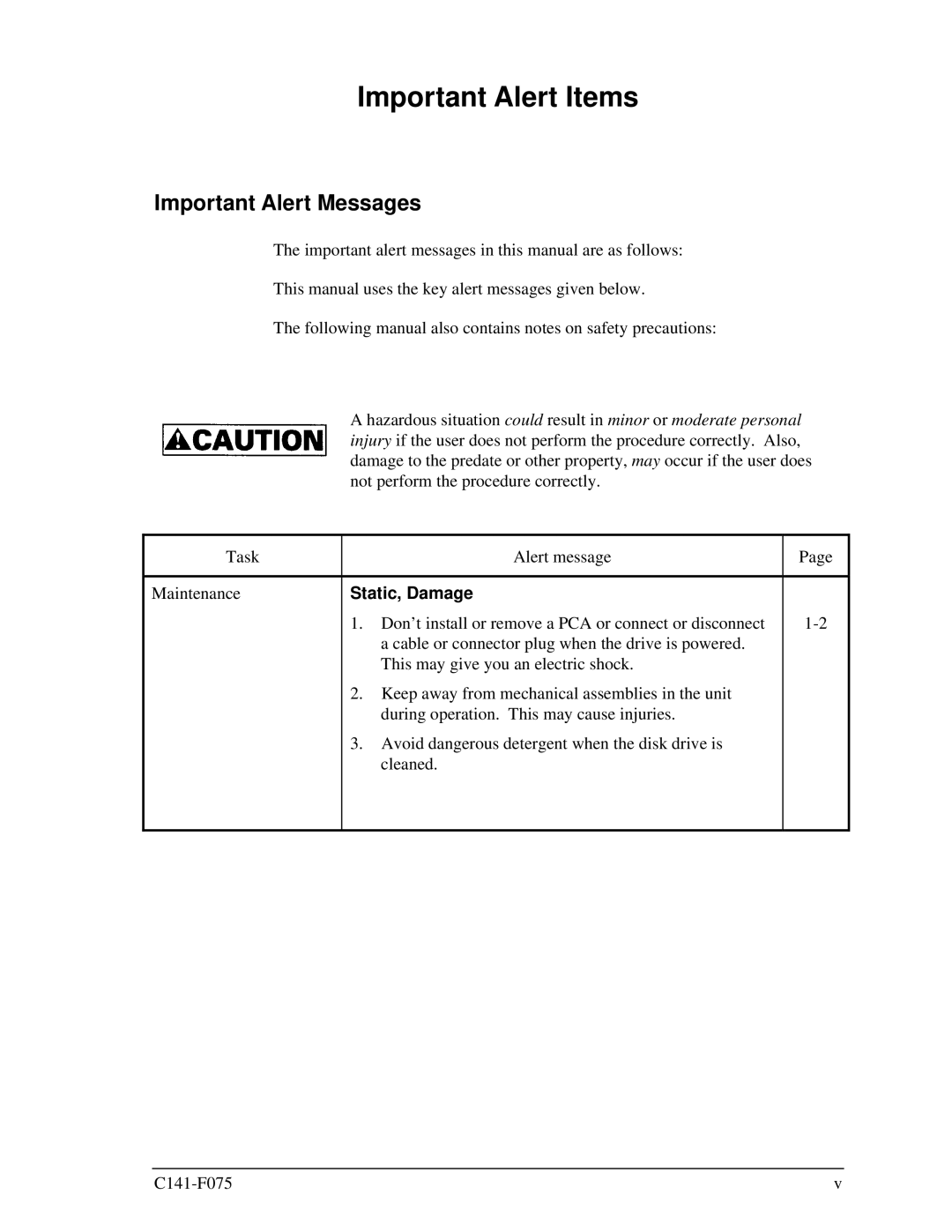 Fujitsu MHV2080BS, MHV2060BS, MHV2040BS manual Important Alert Items, Important Alert Messages, Static, Damage 