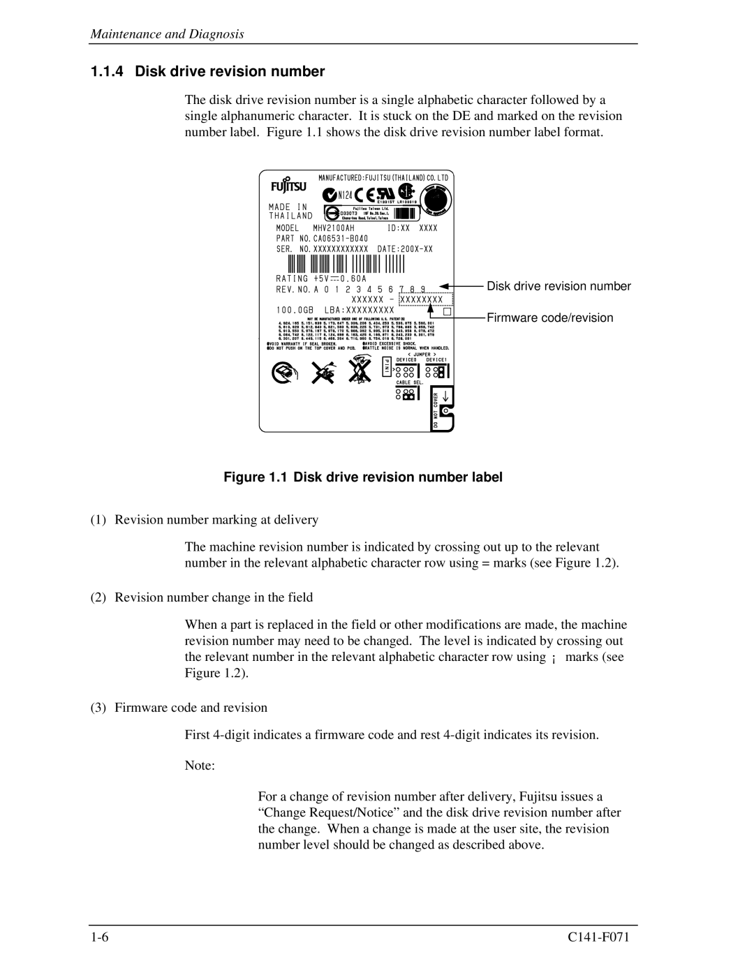 Fujitsu MHV2100AH, MHV2060AH, MHV2080AH, MHV2040AH manual Disk drive revision number label 