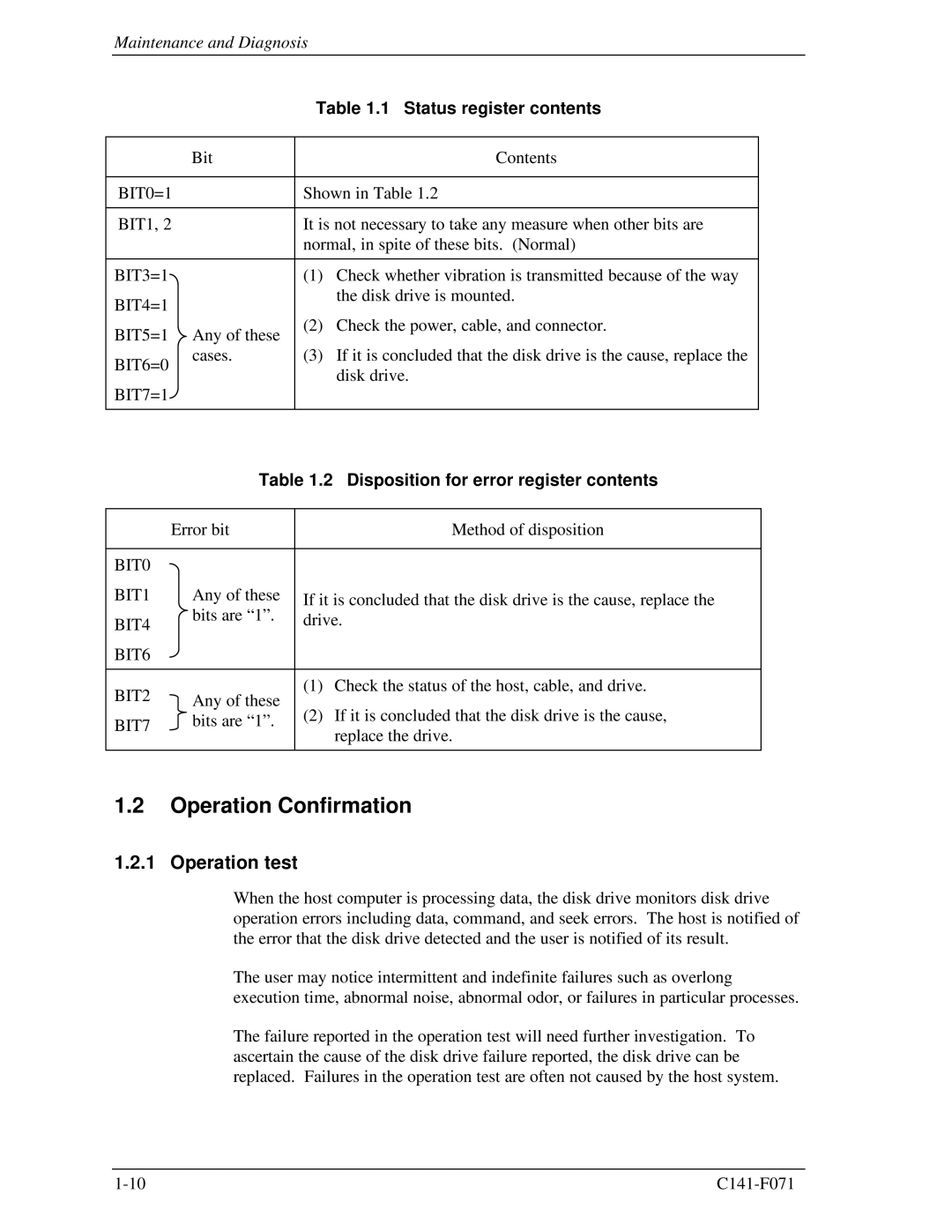 Fujitsu MHV2100AH, MHV2060AH, MHV2080AH, MHV2040AH manual Operation Confirmation, Operation test, Status register contents 