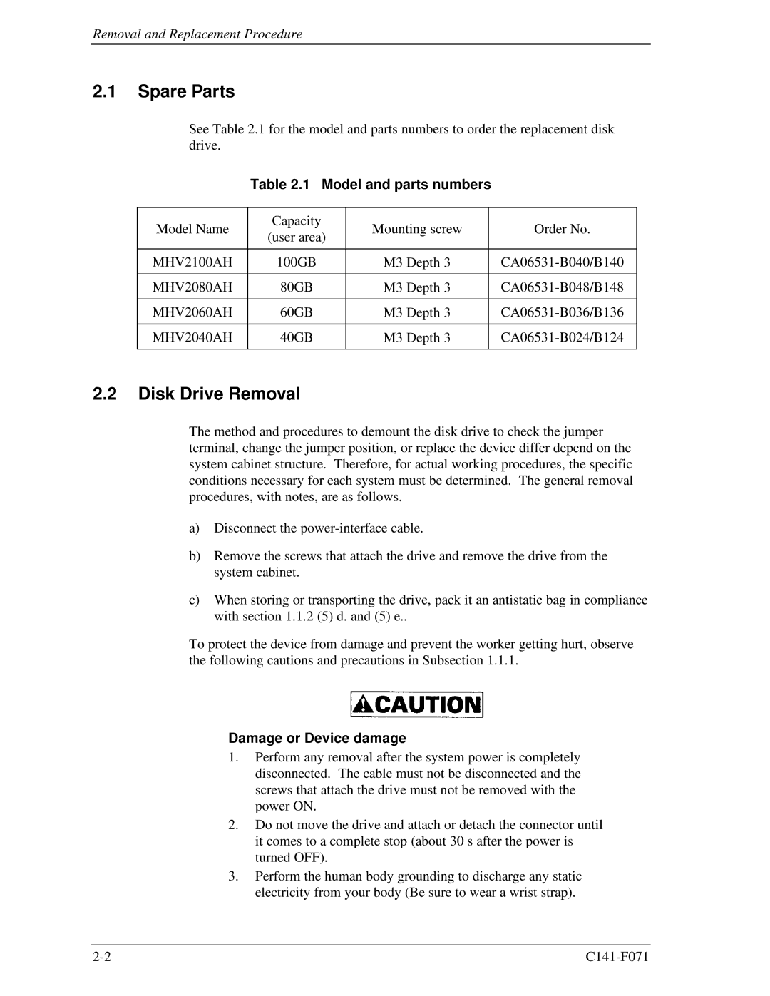 Fujitsu MHV2080AH, MHV2100AH, MHV2060AH, MHV2040AH manual Spare Parts, Disk Drive Removal, Model and parts numbers 