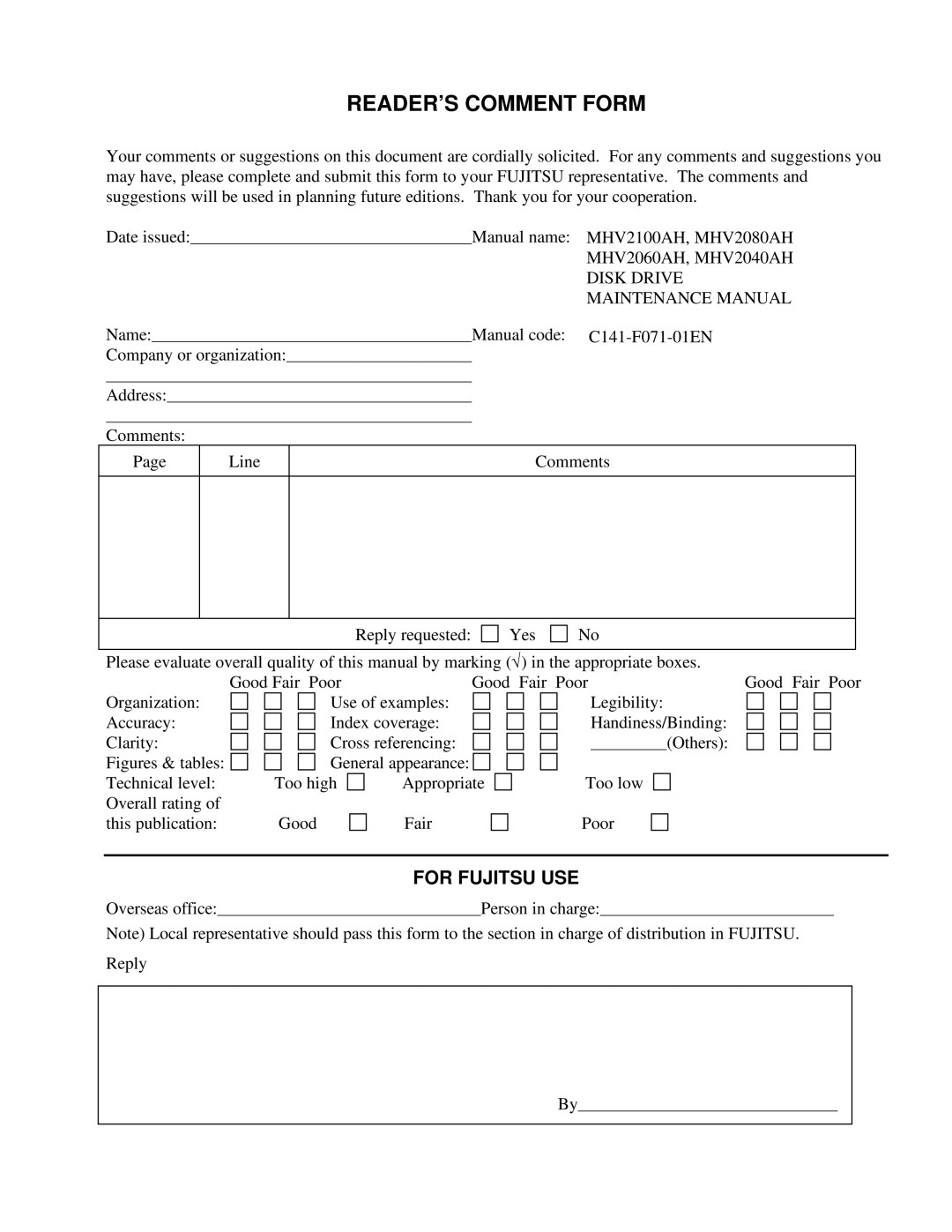 Fujitsu MHV2040AH, MHV2100AH, MHV2060AH, MHV2080AH manual READER’S Comment Form 