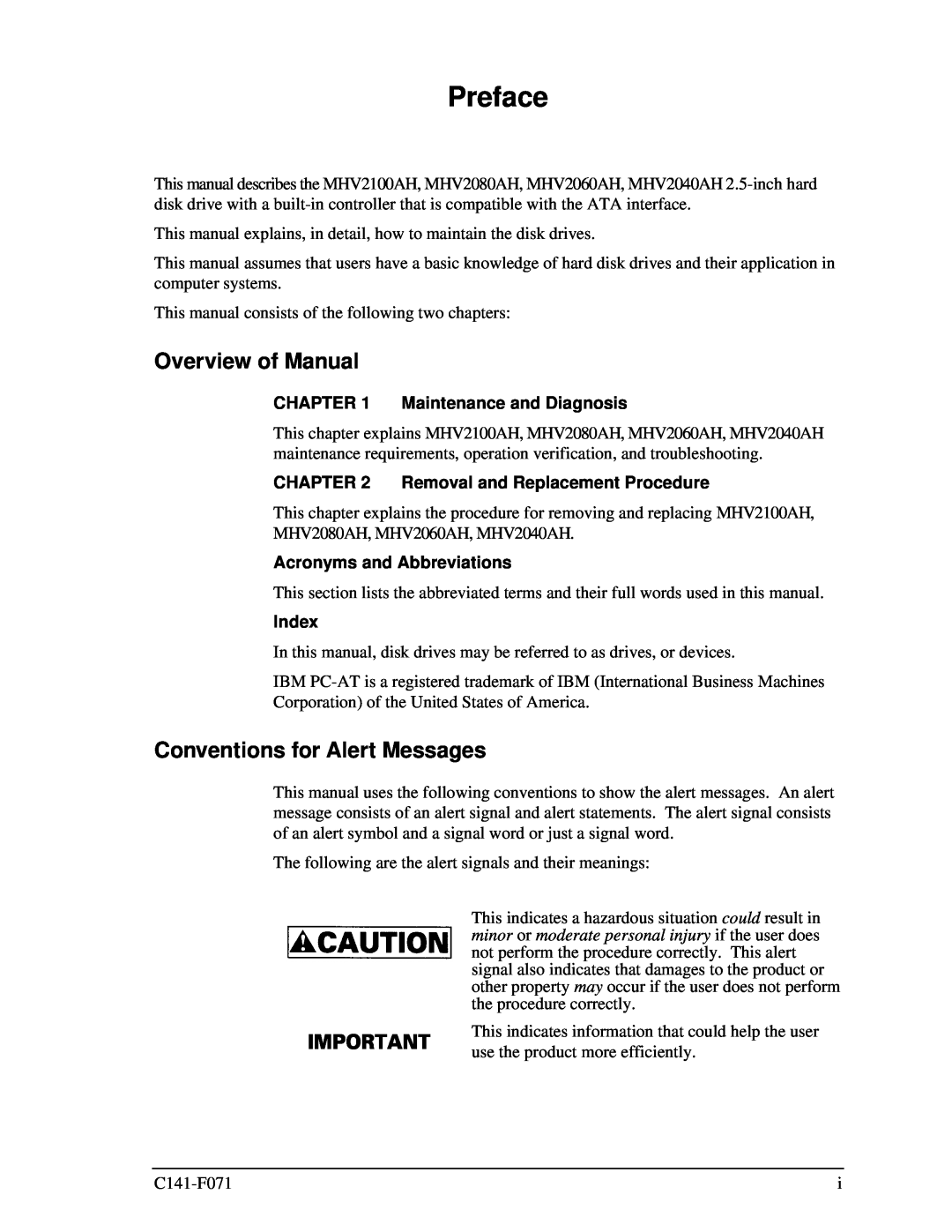 Fujitsu MHV2060AH, MHV2100AH Preface, Overview of Manual, Conventions for Alert Messages, Maintenance and Diagnosis, Index 