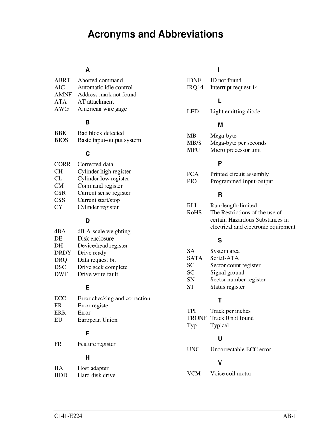 Fujitsu MHV2080BH, MHV2100BH, MHV2040BH, MHV2060BH manual Acronyms and Abbreviations 