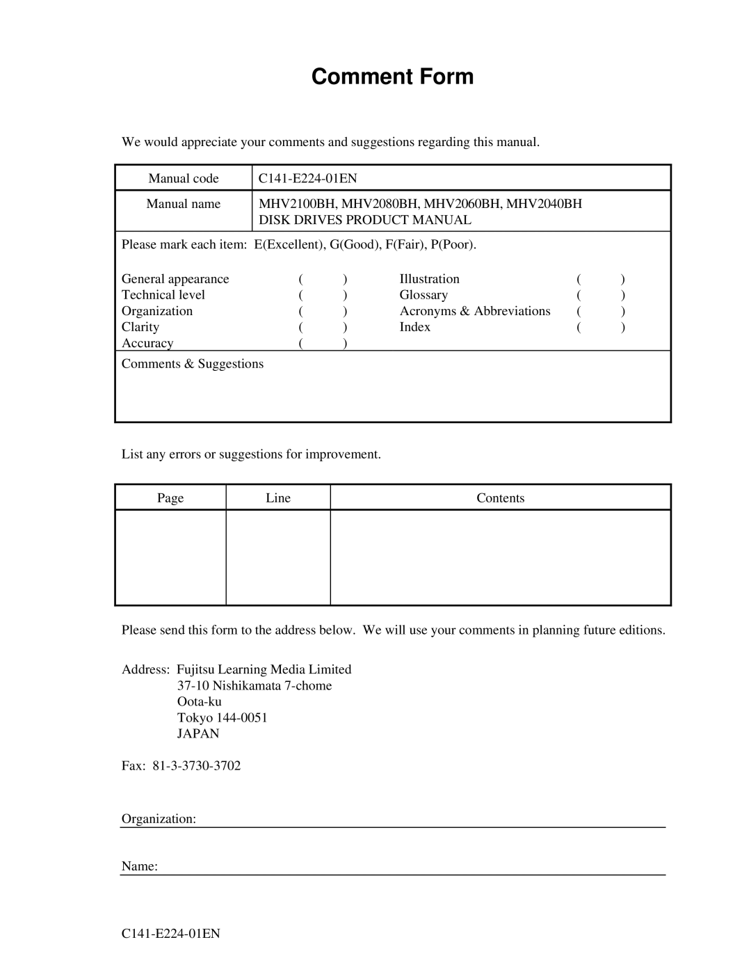 Fujitsu MHV2080BH, MHV2100BH, MHV2040BH, MHV2060BH manual Comment Form, Japan 