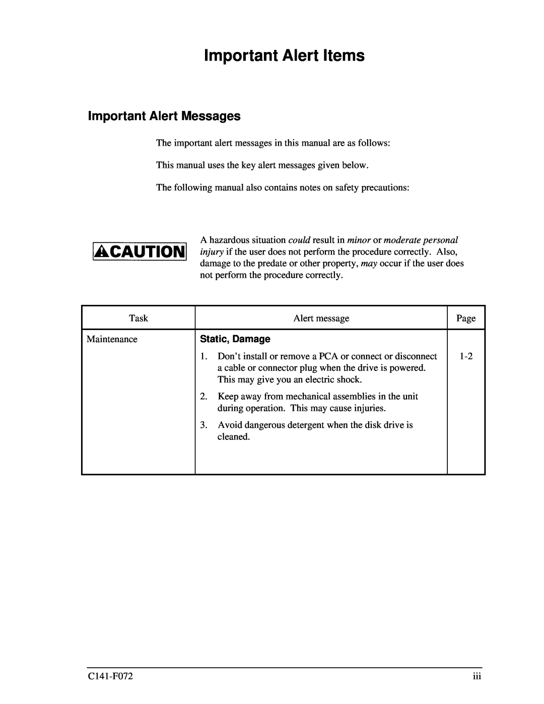 Fujitsu MHV2120AT manual Important Alert Items, Important Alert Messages, Static, Damage 
