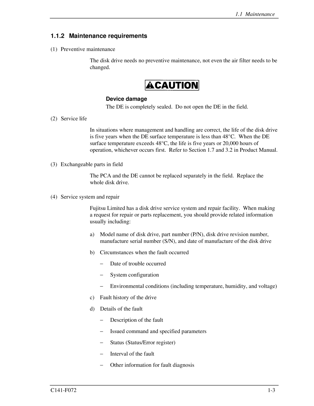 Fujitsu MHV2120AT manual Maintenance requirements 