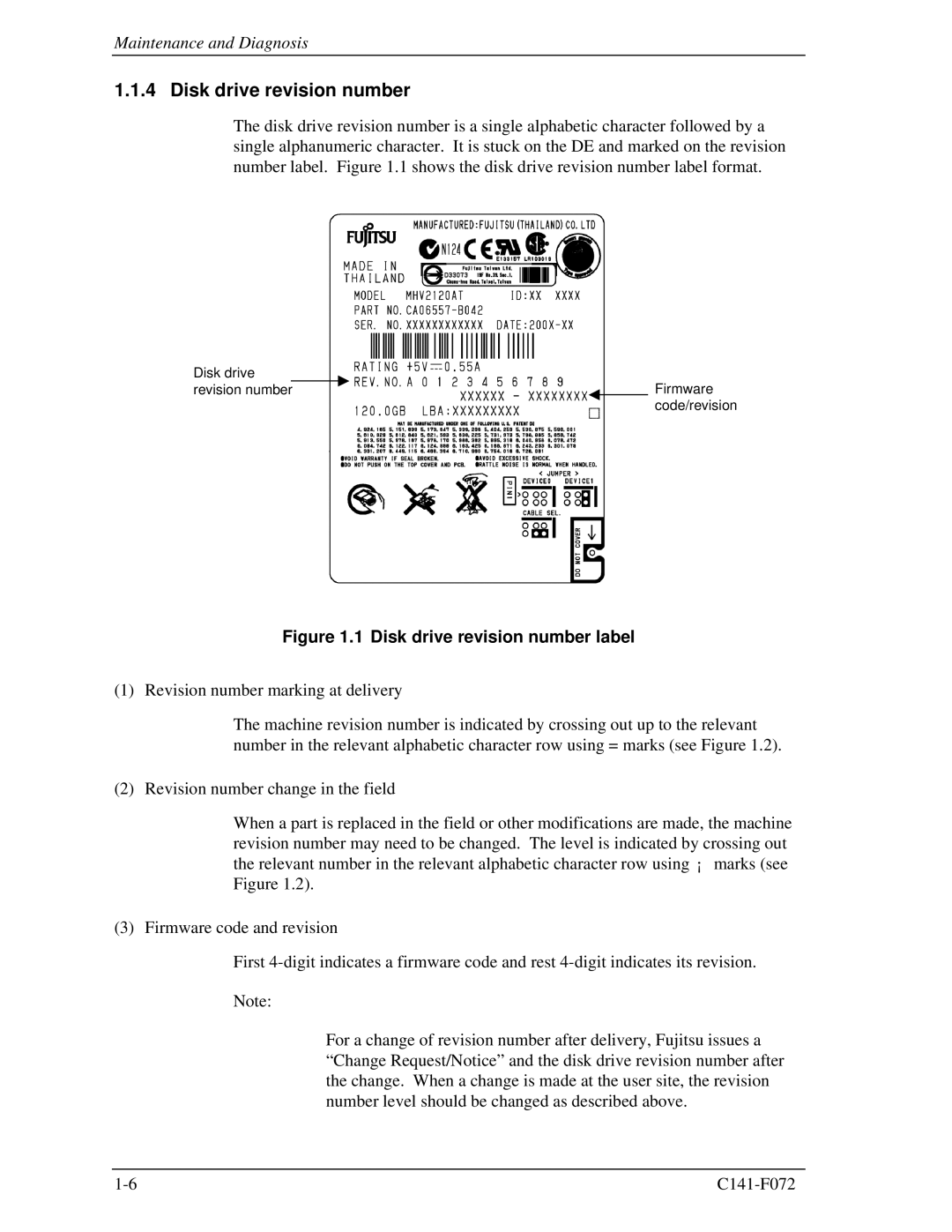 Fujitsu MHV2120AT manual Disk drive revision number label 