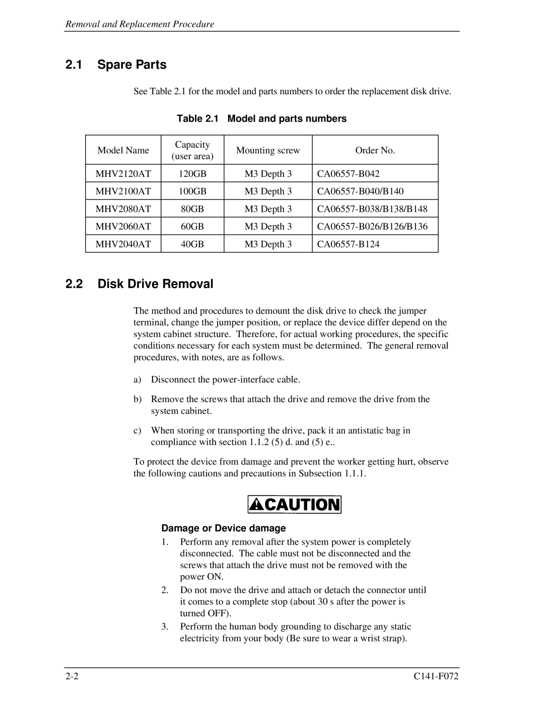 Fujitsu MHV2120AT manual Spare Parts, Disk Drive Removal, Model and parts numbers 