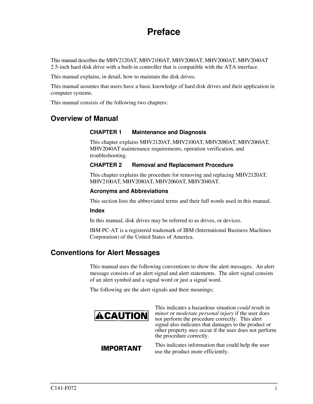 Fujitsu MHV2120AT manual Preface, Overview of Manual, Conventions for Alert Messages 