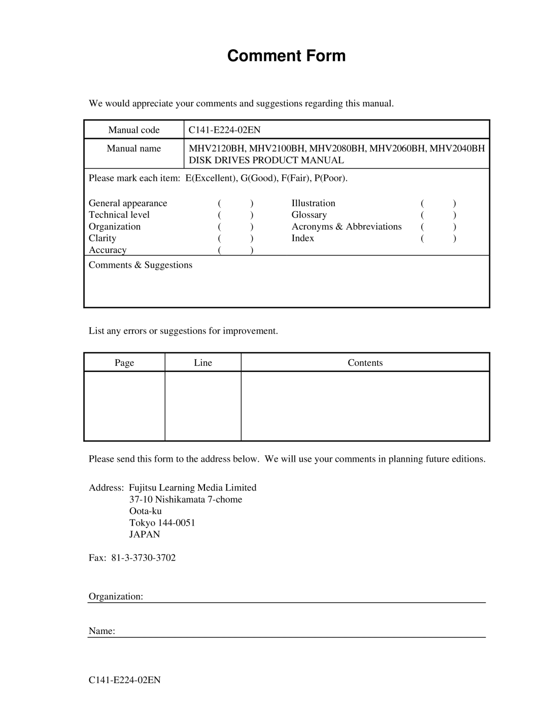 Fujitsu MHV2100BH, MHV2120BH, MHV2080BH, MHV2040BH, MHV2060BH manual Comment Form, Japan 