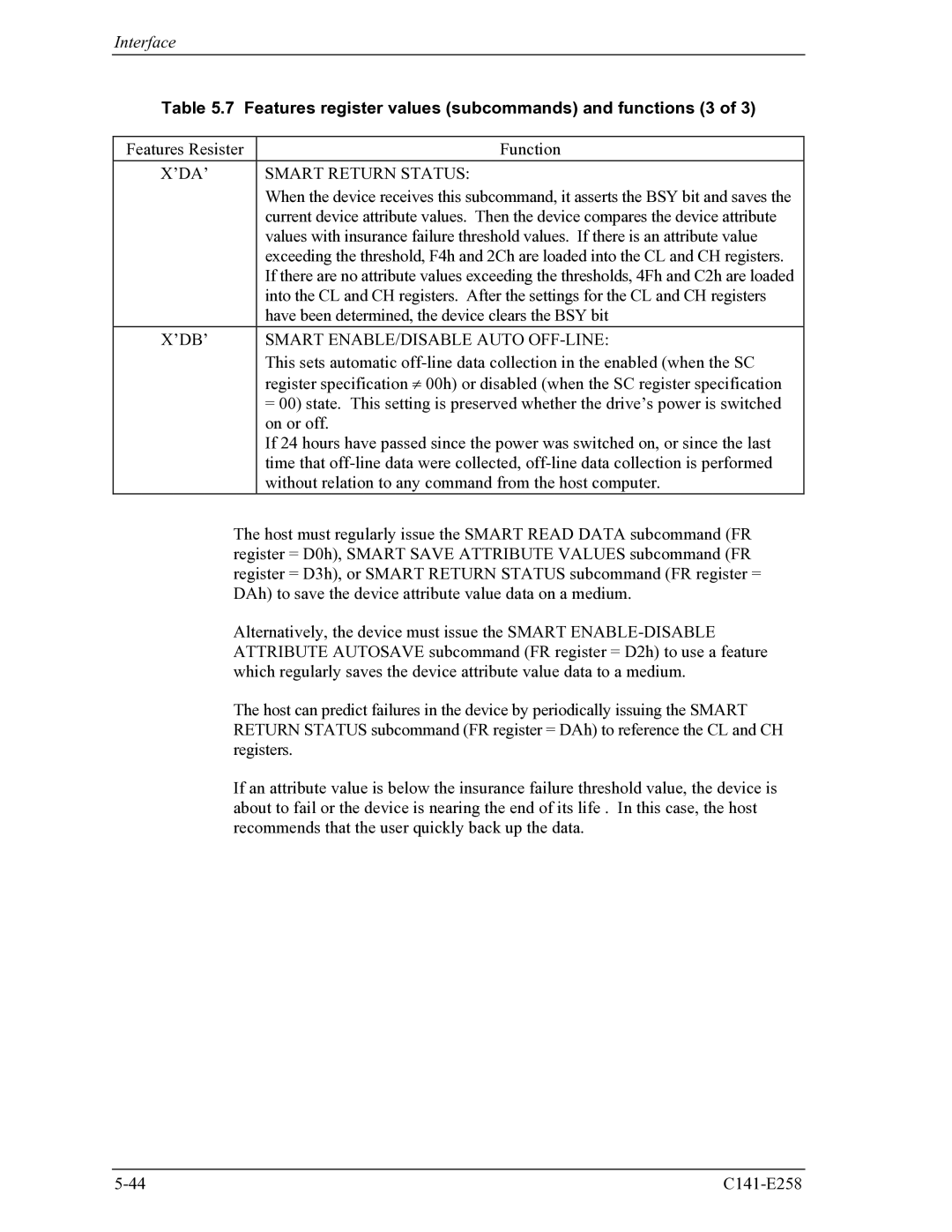 Fujitsu MHW2060AC, MHW2040AC manual Features register values subcommands and functions 3, Smart Return Status 