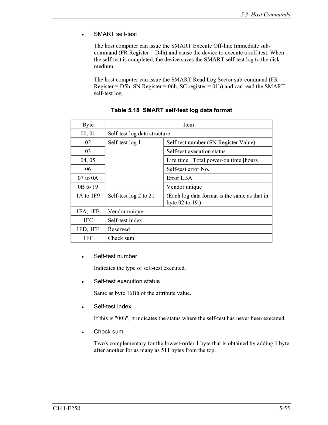 Fujitsu MHW2040AC, MHW2060AC manual Smart self-test log data format, 1FC, Self-test number, Self-test index 