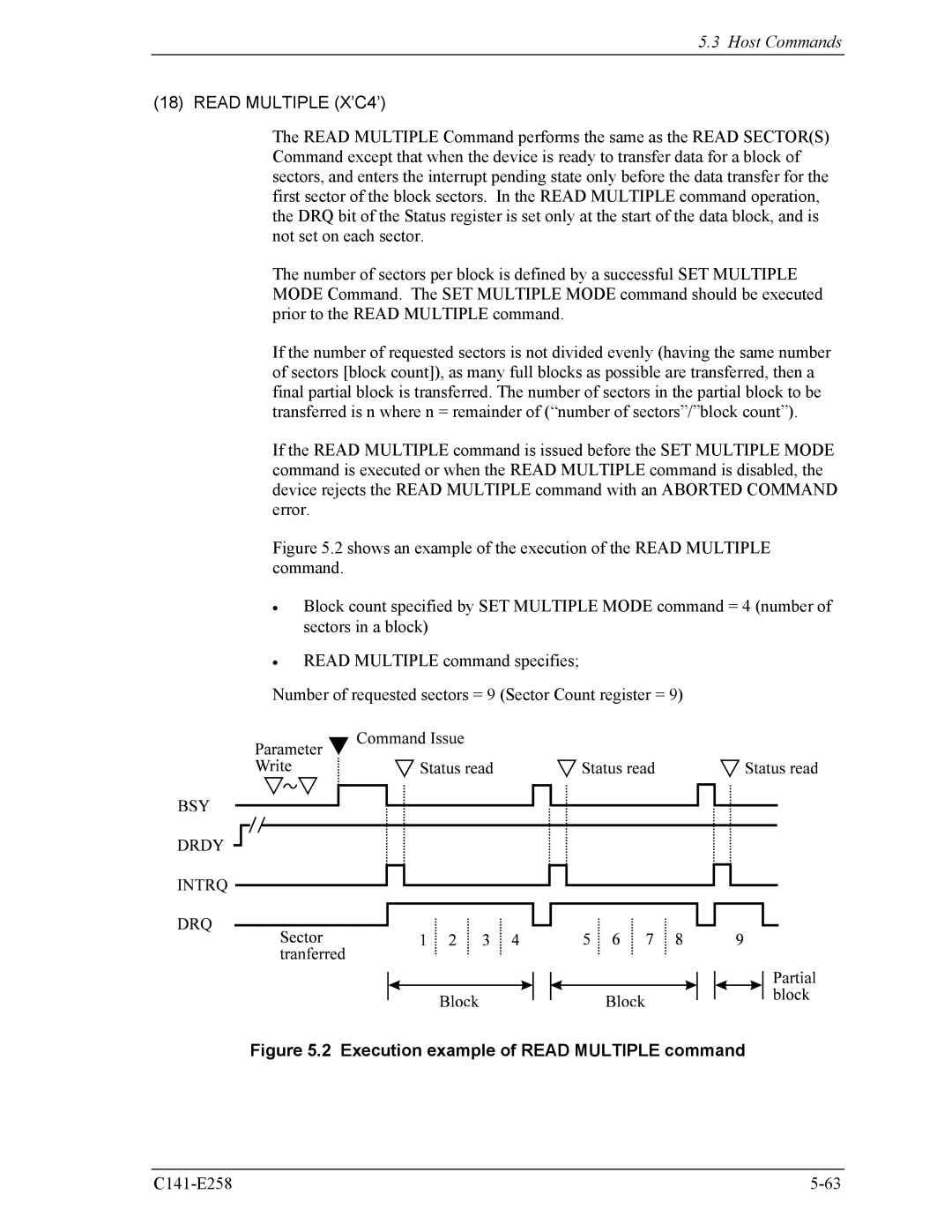 Fujitsu MHW2040AC, MHW2060AC manual Read Multiple X’C4’, Execution example of Read Multiple command 