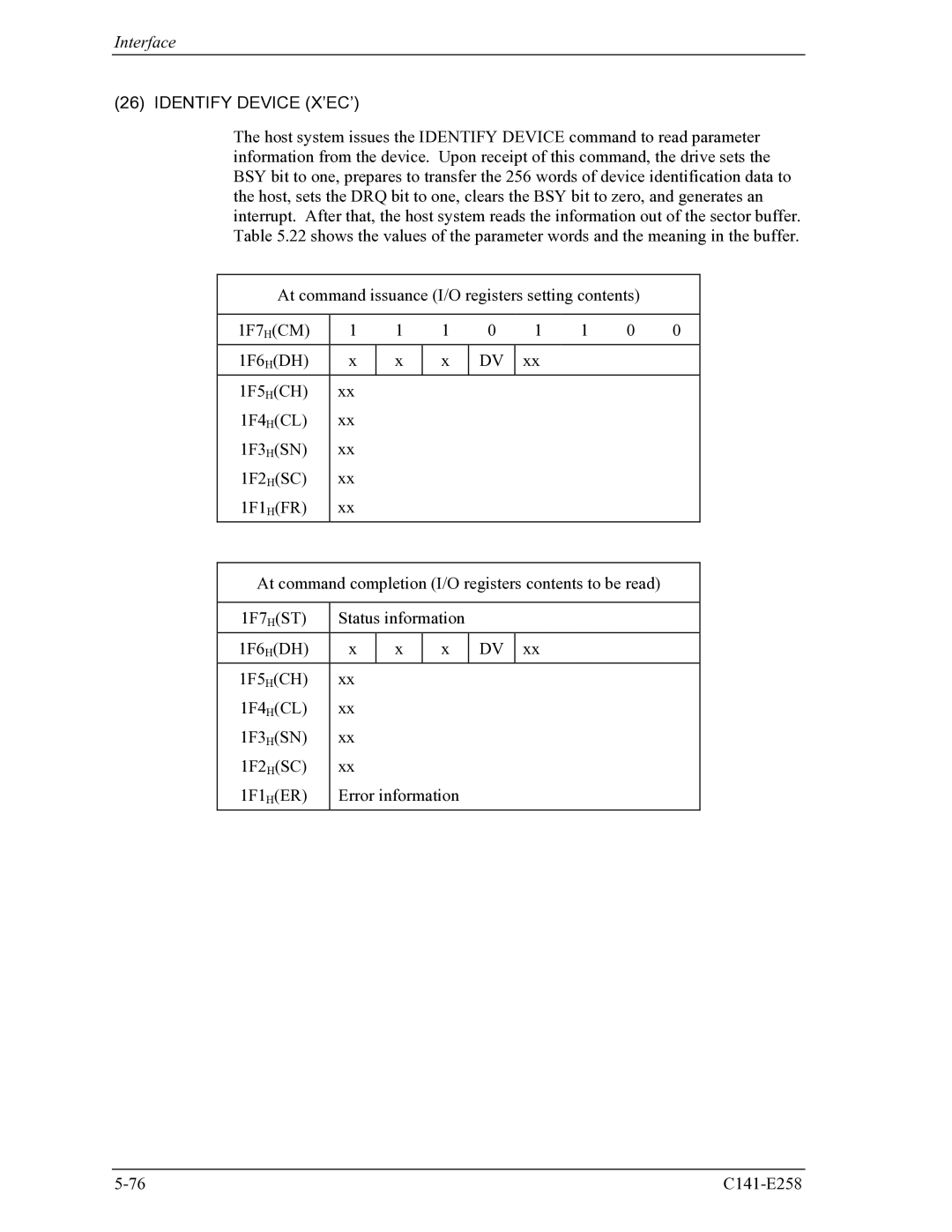 Fujitsu MHW2060AC, MHW2040AC manual Identify Device X’EC’ 