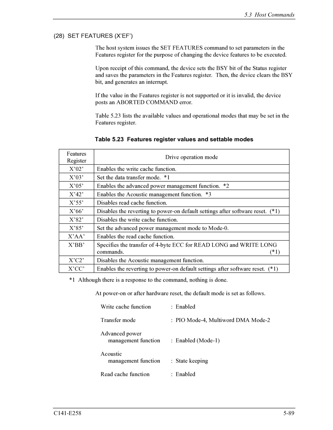 Fujitsu MHW2040AC, MHW2060AC manual SET Features X’EF’, Features register values and settable modes, ’Bb’, ’Cc’ 