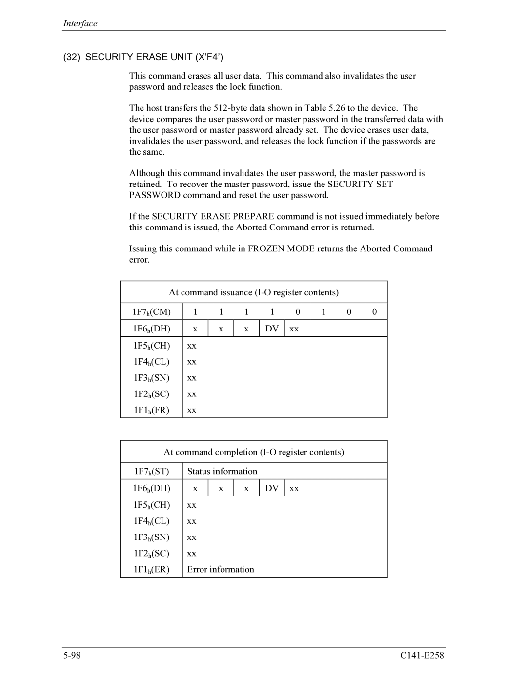 Fujitsu MHW2060AC, MHW2040AC manual Security Erase Unit X’F4’ 