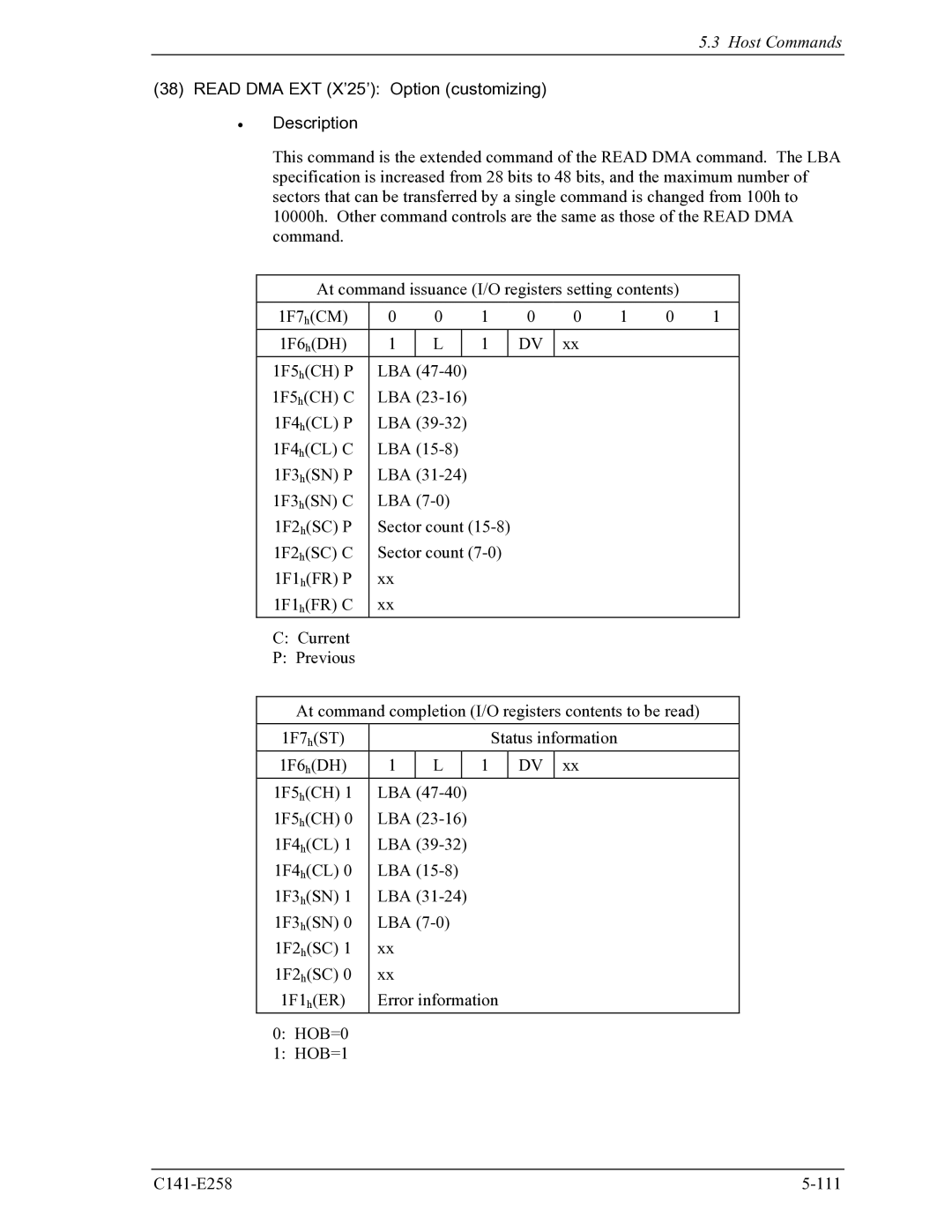 Fujitsu MHW2040AC, MHW2060AC manual Read DMA EXT X’25’ Option customizing Description, HOB=0, HOB=1 