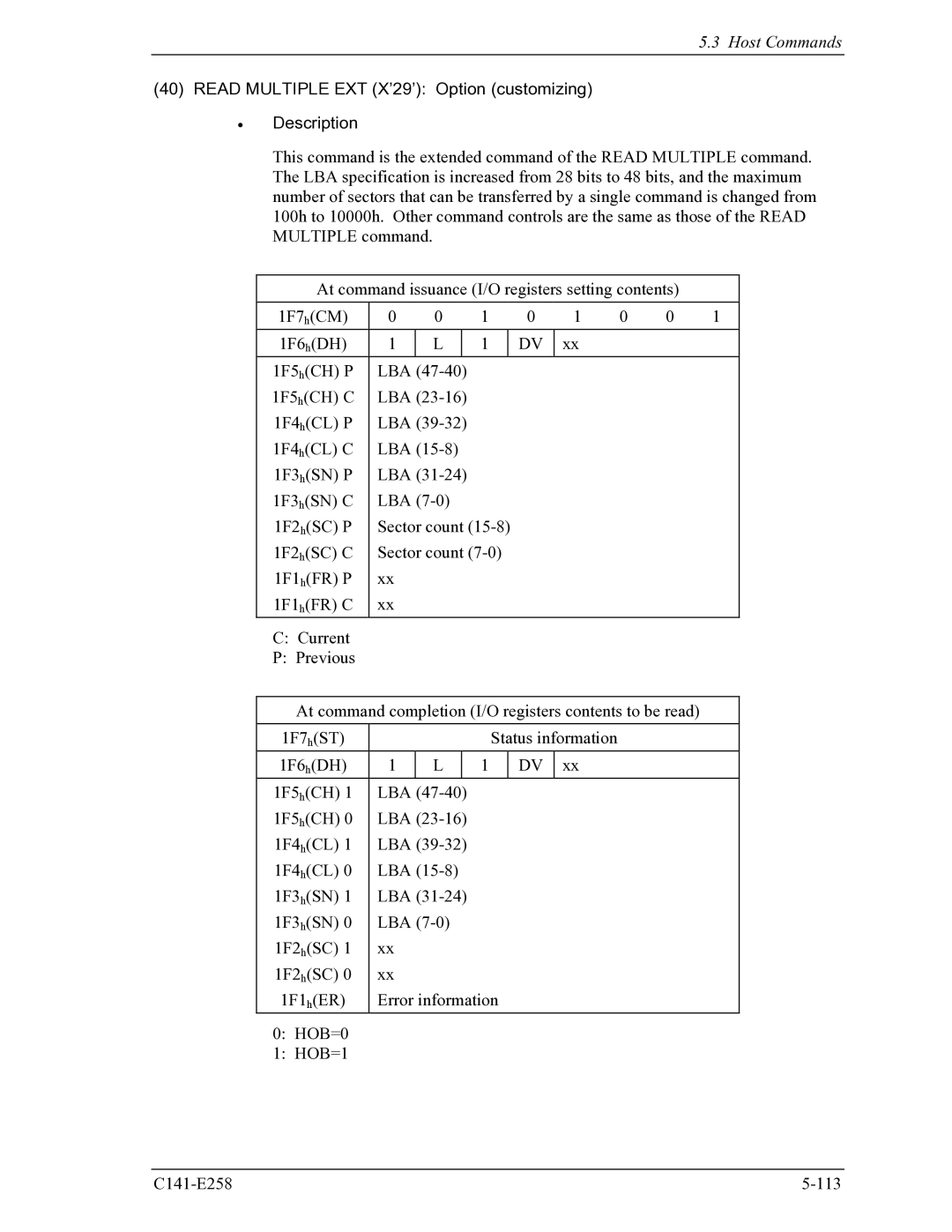 Fujitsu MHW2040AC, MHW2060AC manual Read Multiple EXT X’29’ Option customizing Description 