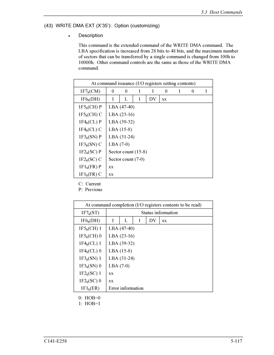 Fujitsu MHW2040AC, MHW2060AC manual Write DMA EXT X’35’ Option customizing Description, HOB=0 