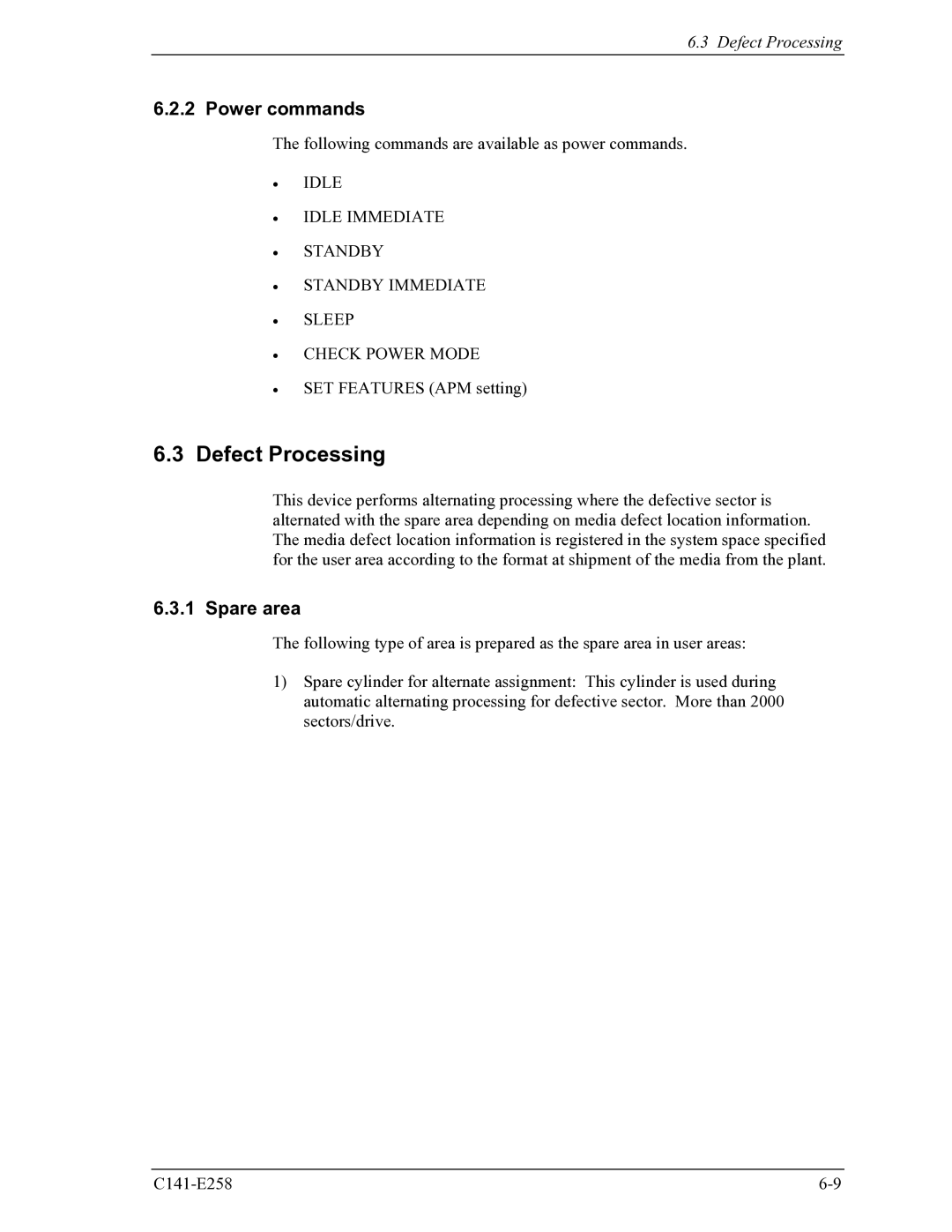 Fujitsu MHW2040AC, MHW2060AC manual Defect Processing, Power commands, Spare area 