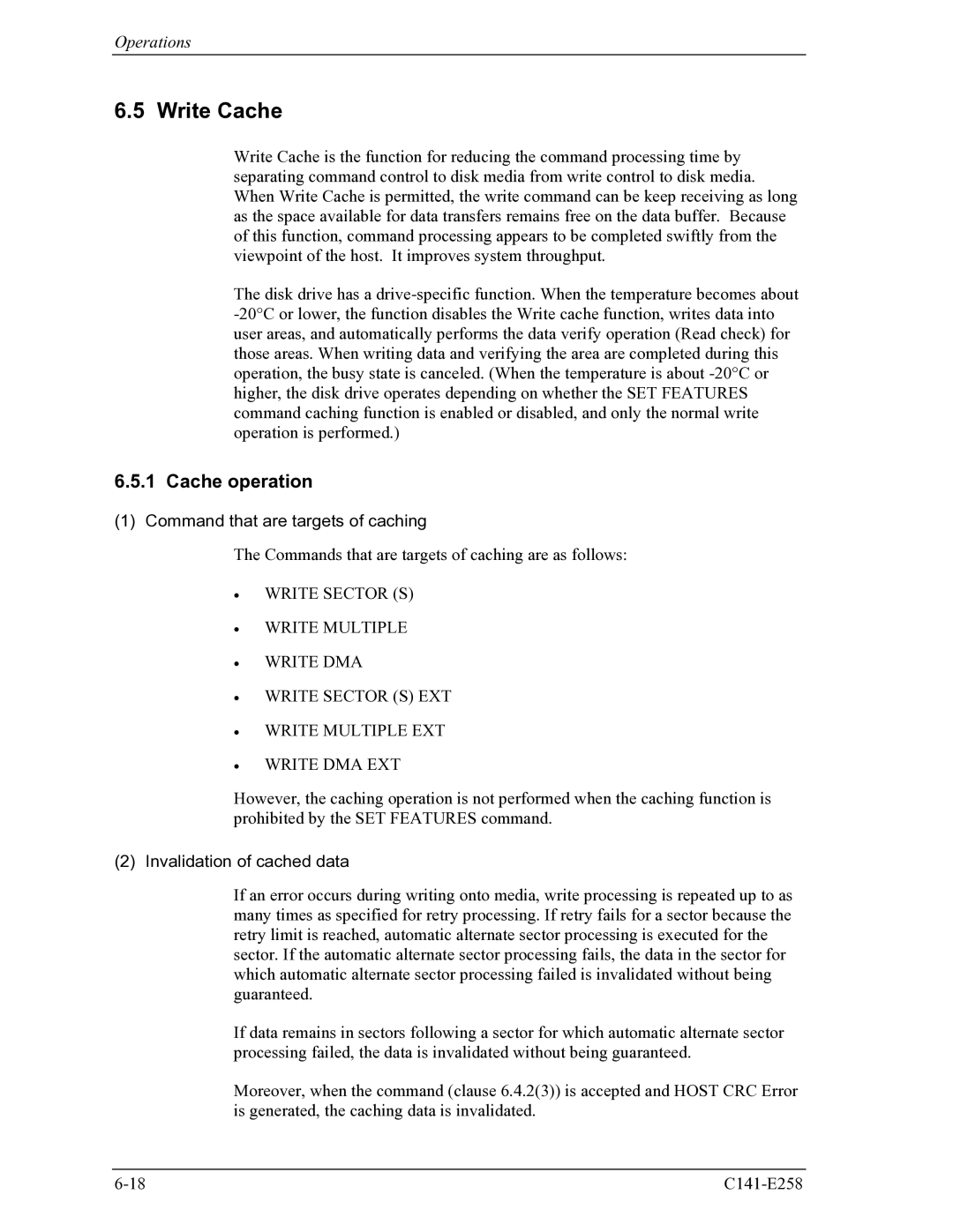 Fujitsu MHW2060AC manual Write Cache, Cache operation, Command that are targets of caching, Invalidation of cached data 