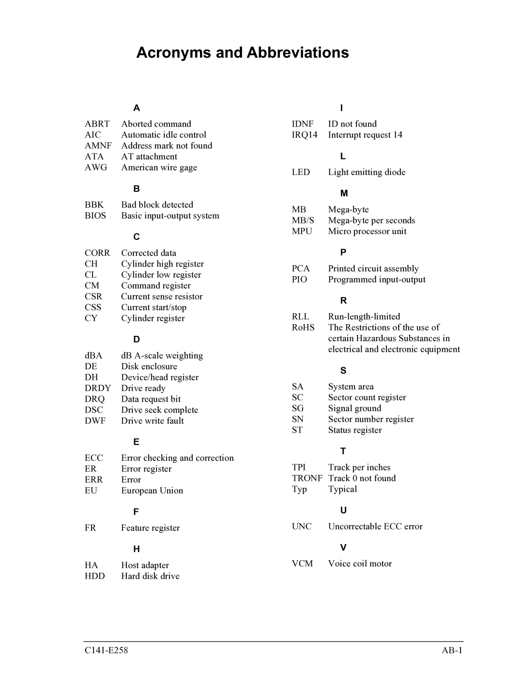 Fujitsu MHW2040AC, MHW2060AC manual Acronyms and Abbreviations 