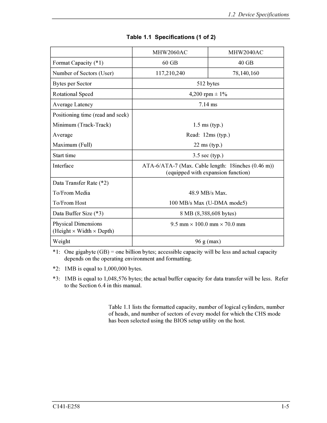 Fujitsu manual Specifications 1, MHW2060AC MHW2040AC 