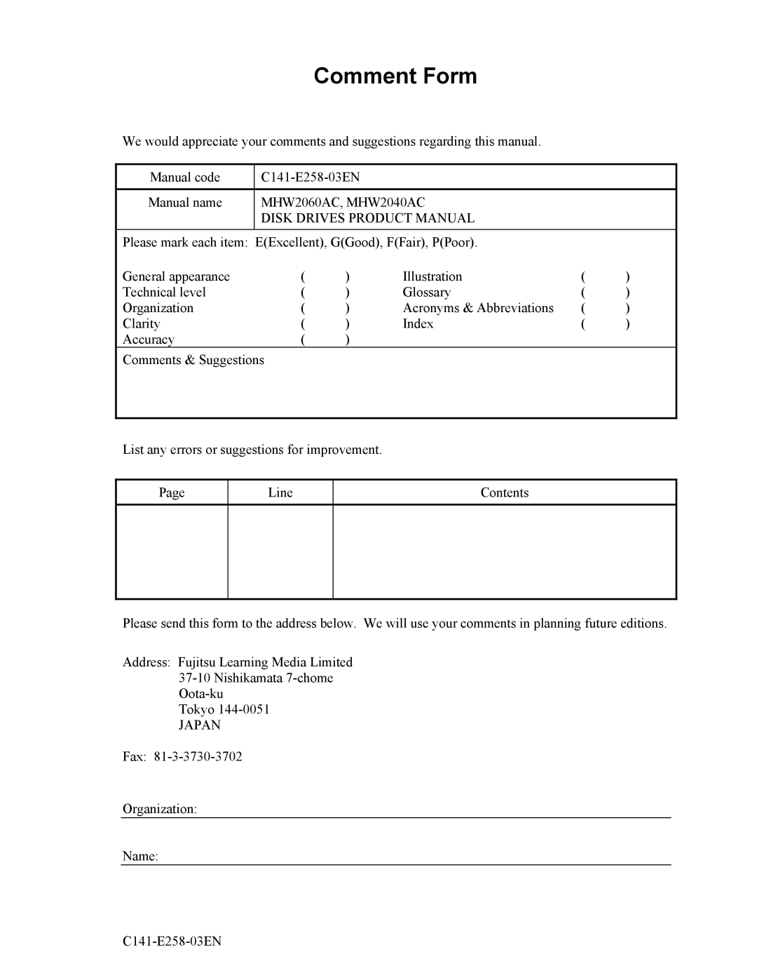 Fujitsu MHW2040AC, MHW2060AC manual Comment Form, Japan 