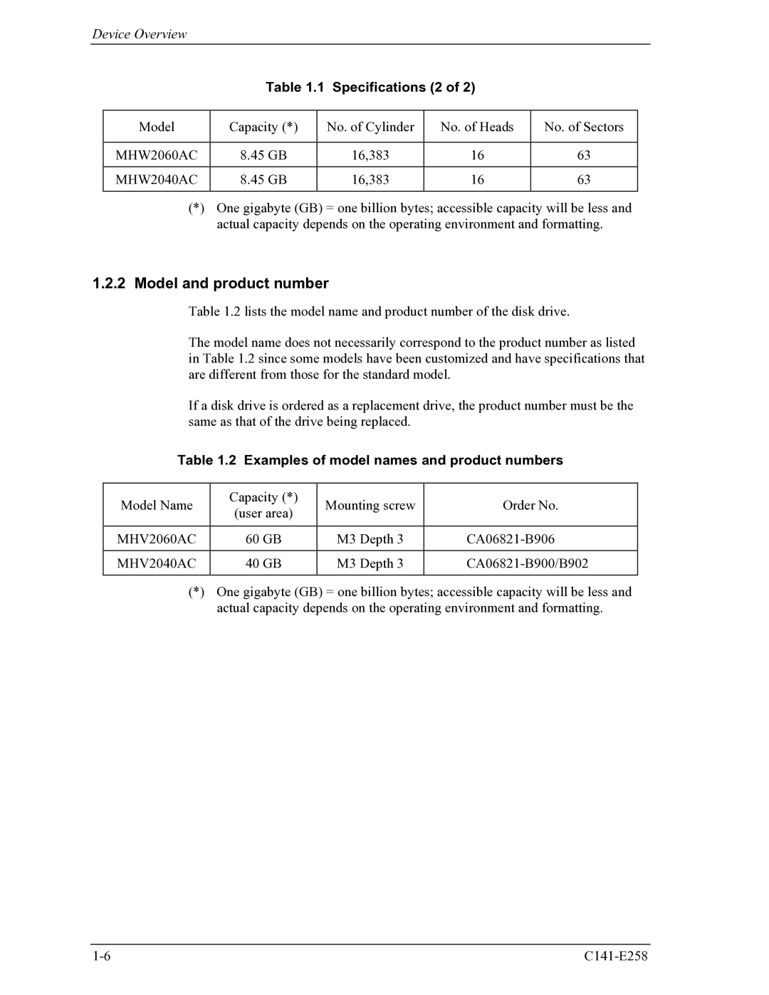 Fujitsu MHW2060AC manual Model and product number, Specifications 2, Examples of model names and product numbers, MHV2060AC 