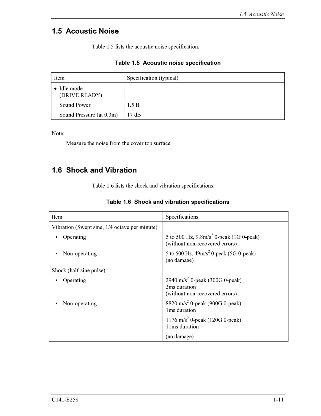 Fujitsu MHW2040AC, MHW2060AC manual Acoustic Noise, Shock and Vibration, Acoustic noise specification, Drive Ready 