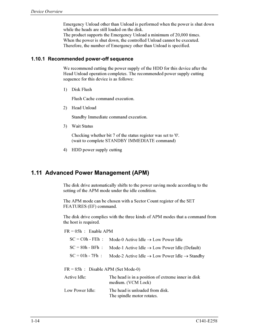 Fujitsu MHW2060AC, MHW2040AC manual Advanced Power Management APM, Recommended power-off sequence 