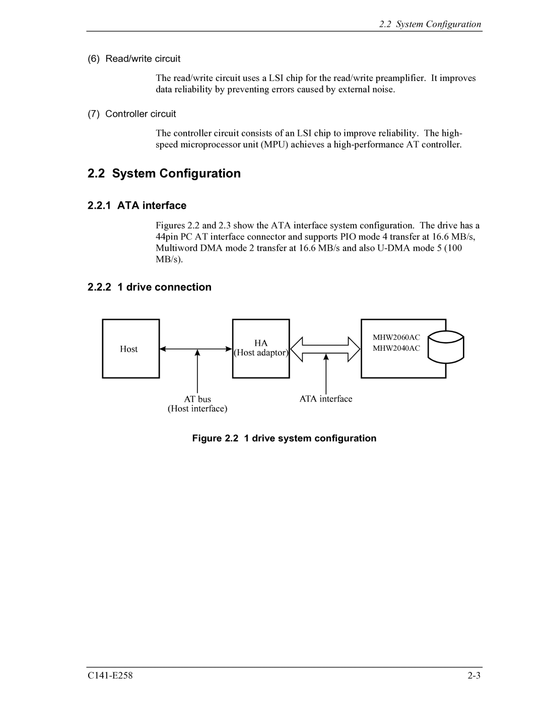 Fujitsu MHW2040AC manual System Configuration, ATA interface, 2 1 drive connection, Read/write circuit, Controller circuit 