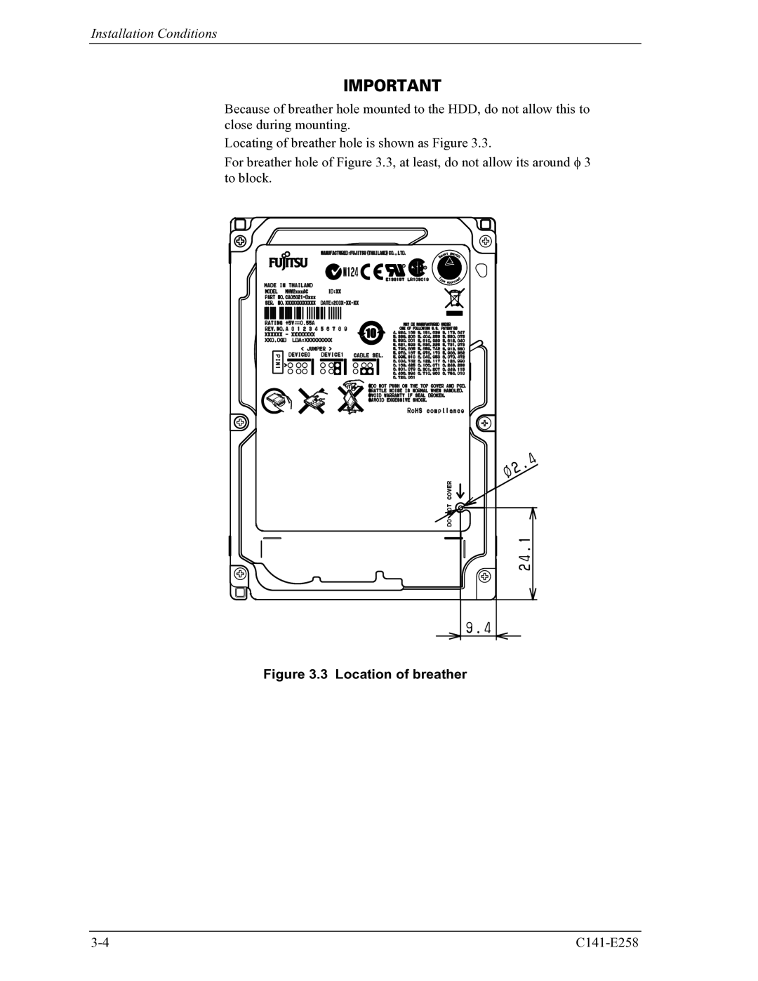 Fujitsu MHW2060AC, MHW2040AC manual Location of breather 