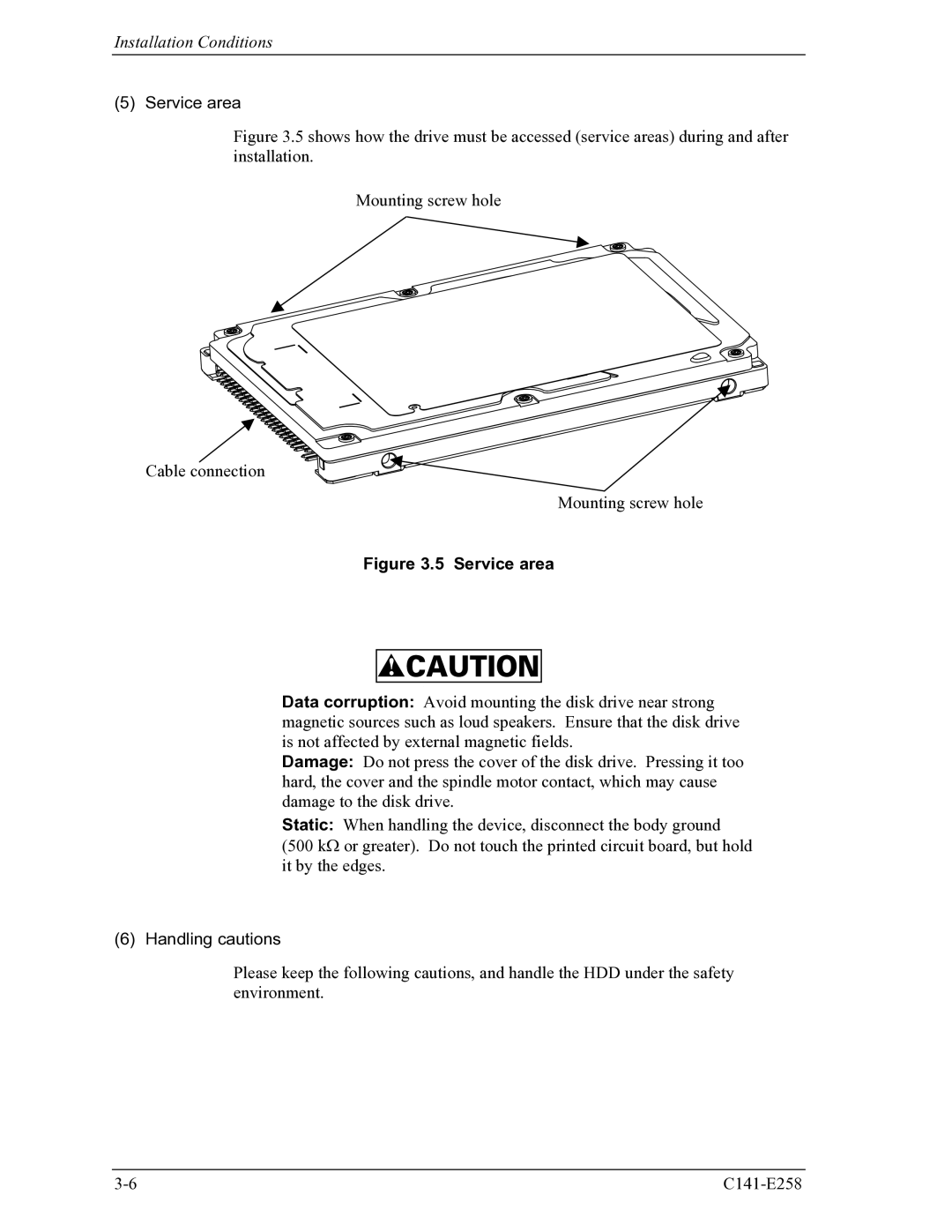 Fujitsu MHW2060AC, MHW2040AC manual Service area, Handling cautions 