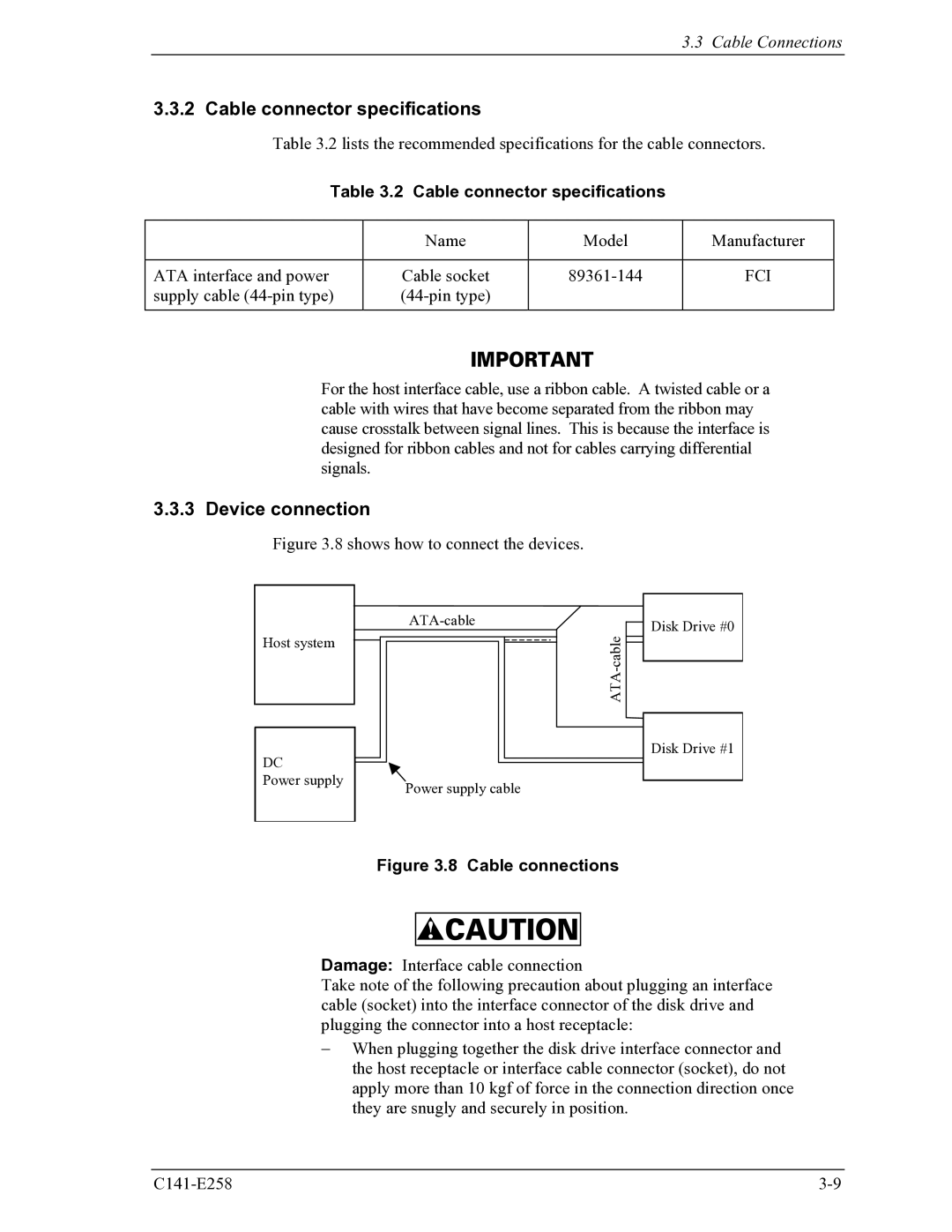 Fujitsu MHW2040AC, MHW2060AC manual Cable connector specifications, Device connection, Fci 