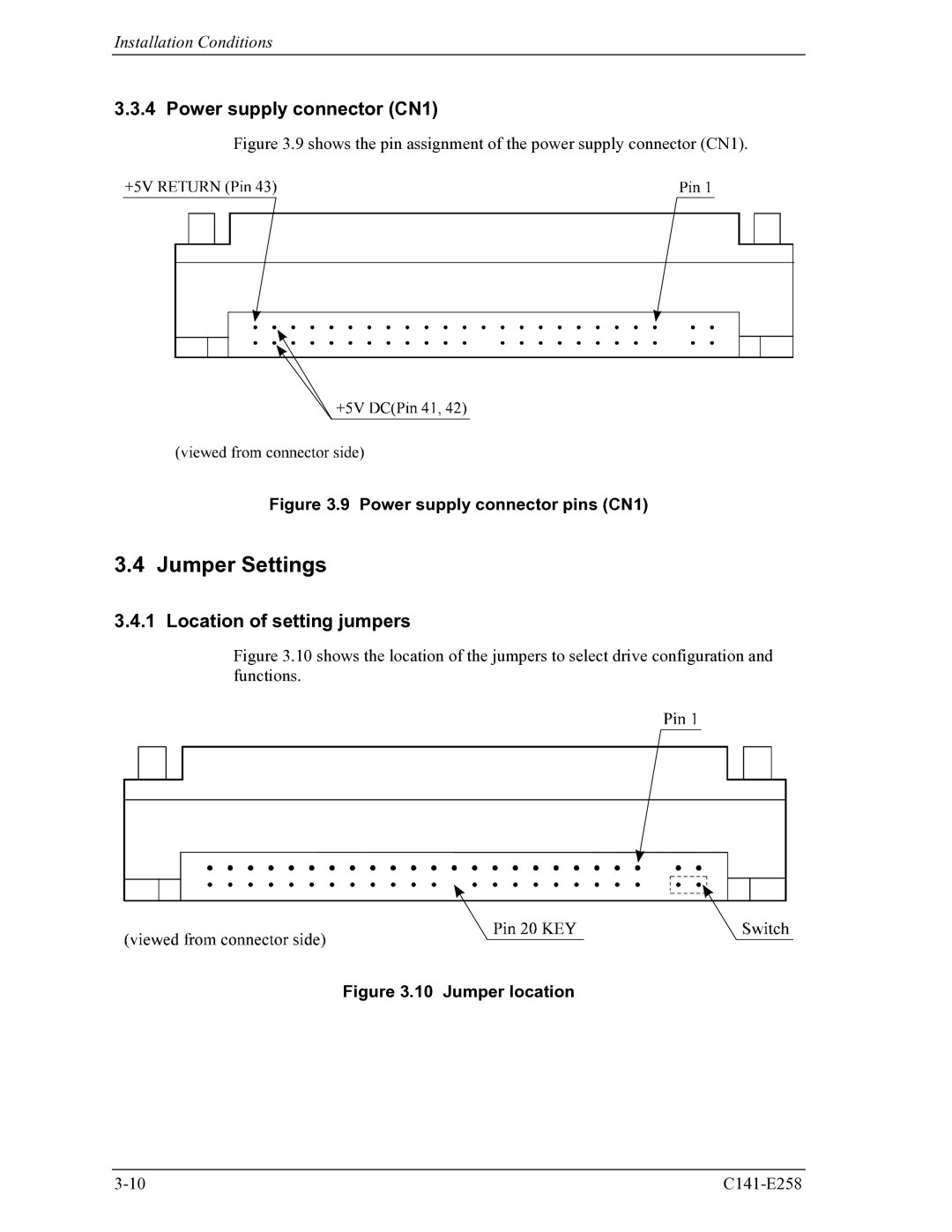 Fujitsu MHW2060AC, MHW2040AC manual Jumper Settings, Power supply connector CN1, Location of setting jumpers 