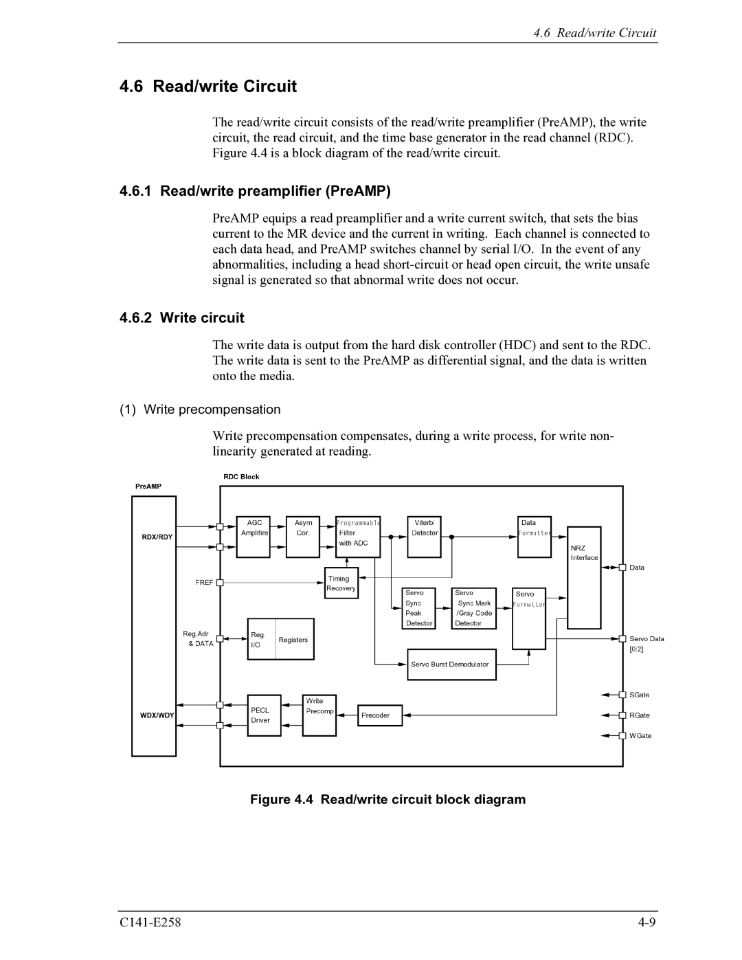 Fujitsu MHW2040AC, MHW2060AC manual Read/write Circuit, Read/write preamplifier PreAMP, Write circuit, Write precompensation 