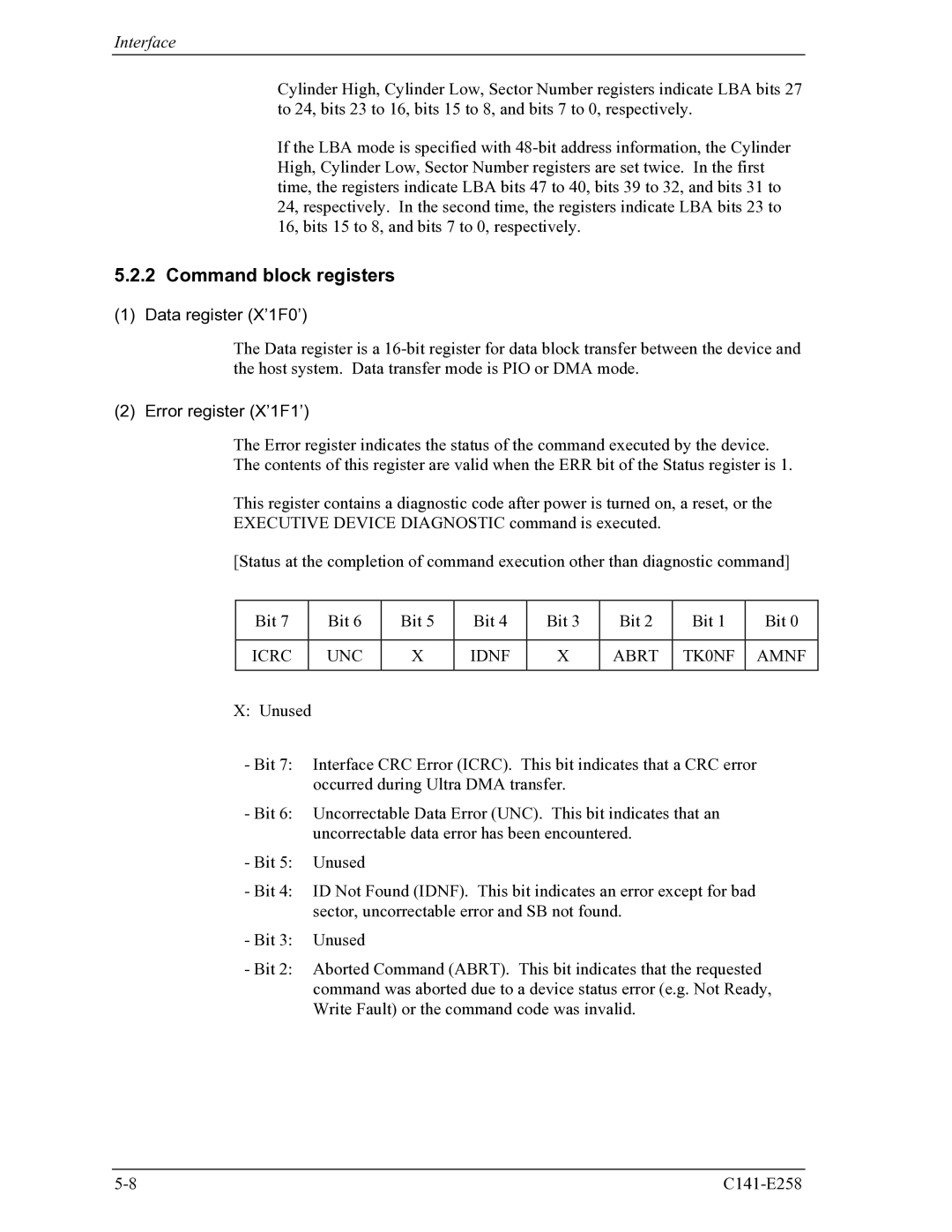 Fujitsu MHW2060AC, MHW2040AC manual Command block registers, Data register X’1F0’, Error register X’1F1’, Unc 