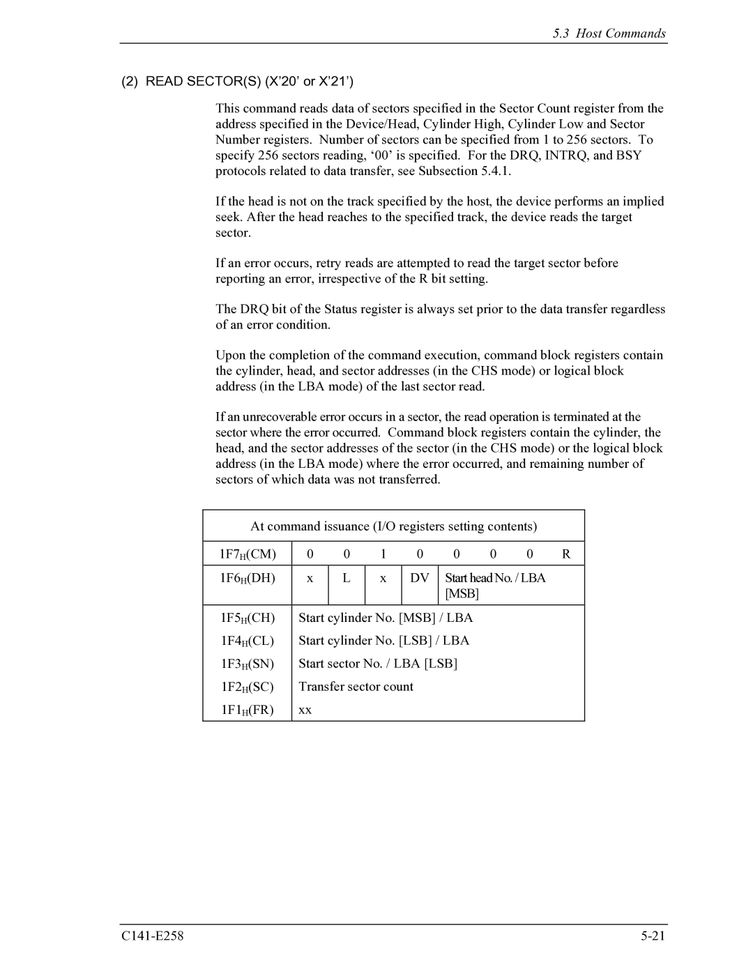 Fujitsu MHW2040AC, MHW2060AC manual Read Sectors X’20’ or X’21’, Msb 