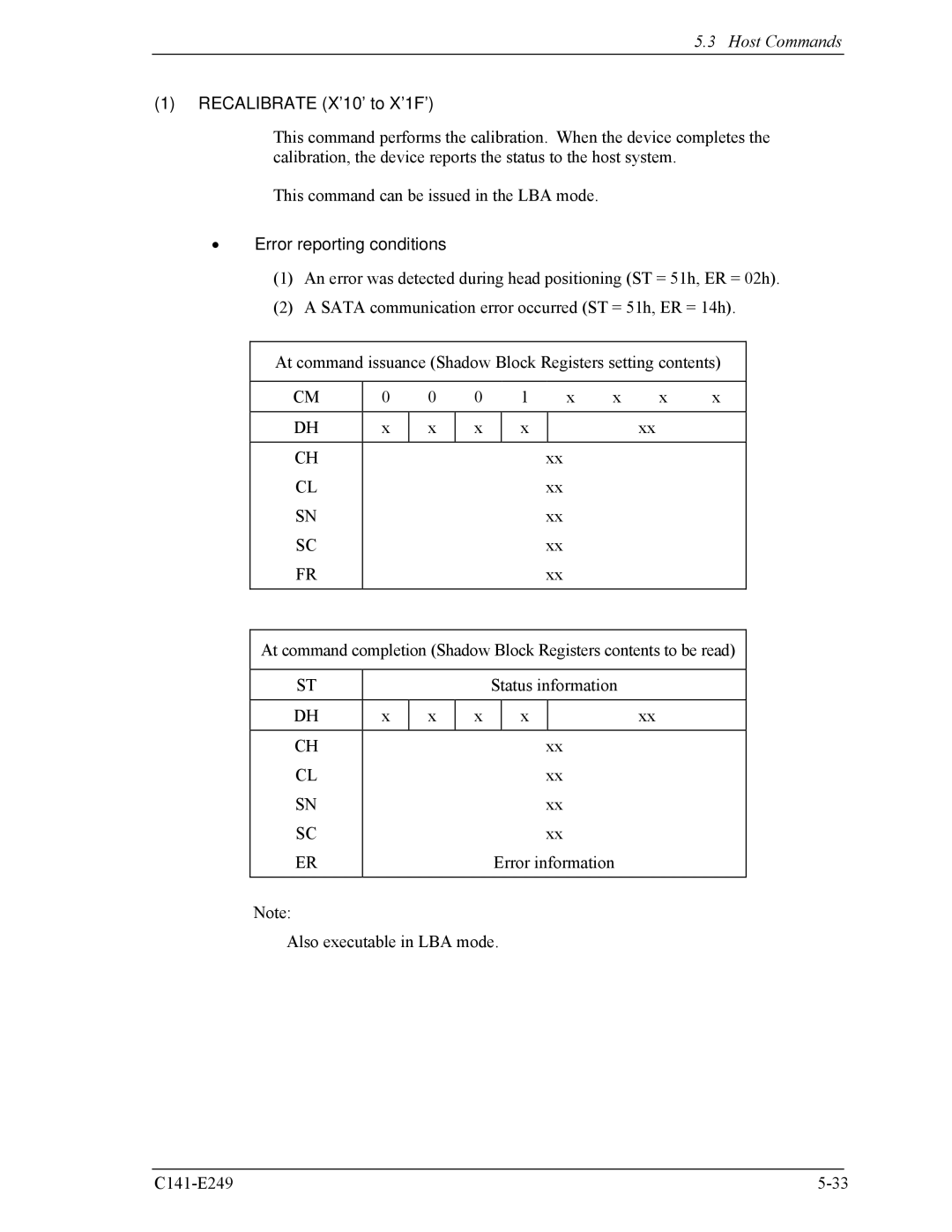 Fujitsu MHW2120BS, MHW2100BS, MHW2080BS, MHW2040BS, MHW2060BS manual Recalibrate X’10’ to X’1F’, Error reporting conditions 