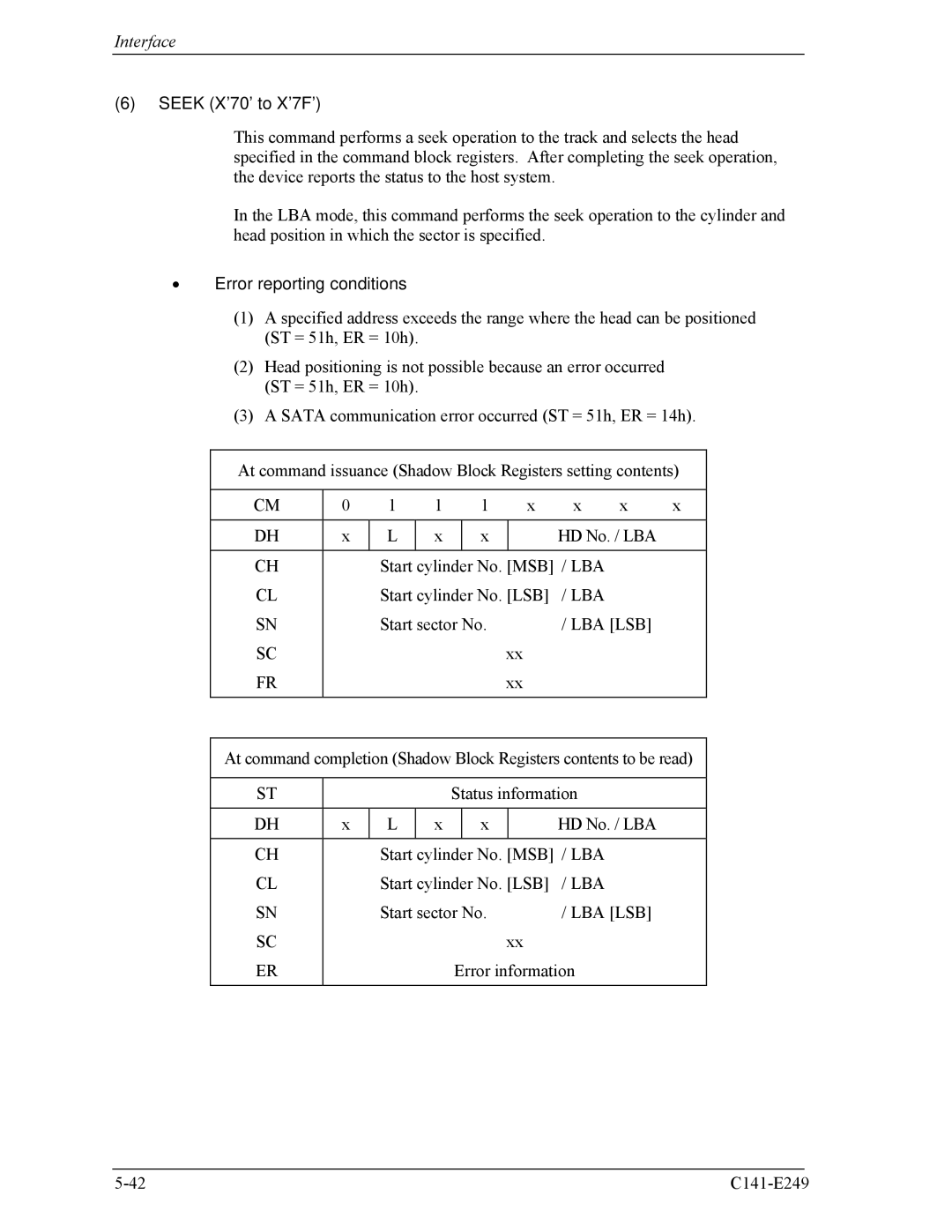 Fujitsu MHW2080BS, MHW2100BS, MHW2120BS, MHW2040BS, MHW2060BS manual Seek X’70’ to X’7F’ 