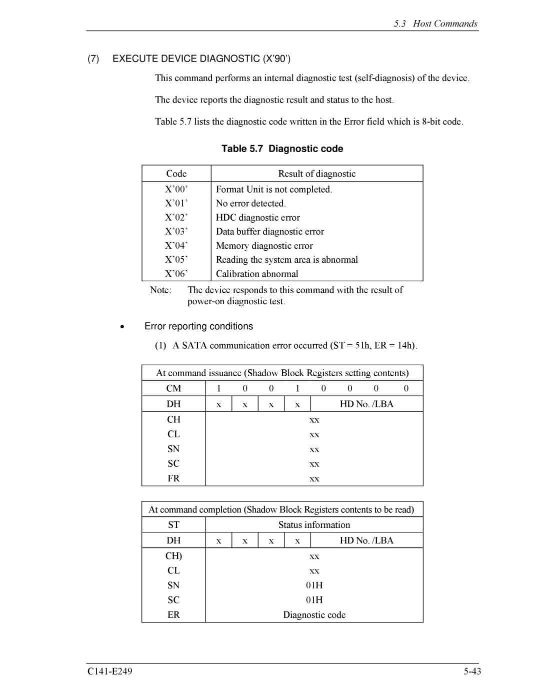 Fujitsu MHW2120BS, MHW2100BS, MHW2080BS, MHW2040BS, MHW2060BS manual Execute Device Diagnostic X’90’, Diagnostic code 