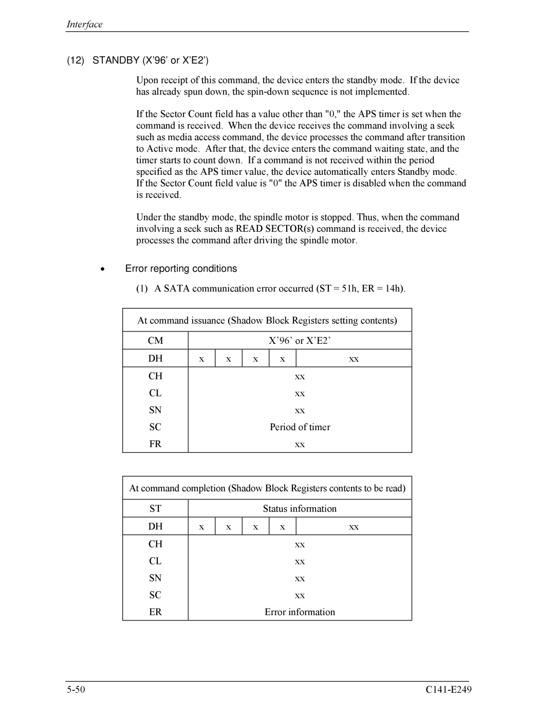 Fujitsu MHW2060BS, MHW2100BS, MHW2080BS, MHW2120BS, MHW2040BS manual Standby X’96’ or X’E2’, Error reporting conditions 