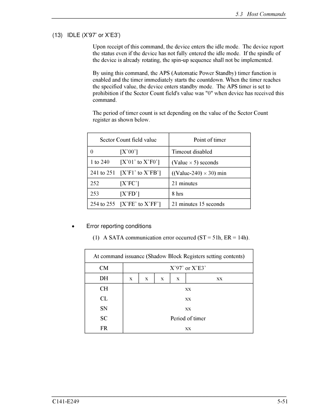 Fujitsu MHW2100BS, MHW2080BS, MHW2120BS, MHW2040BS, MHW2060BS manual Idle X’97’ or X’E3’ 