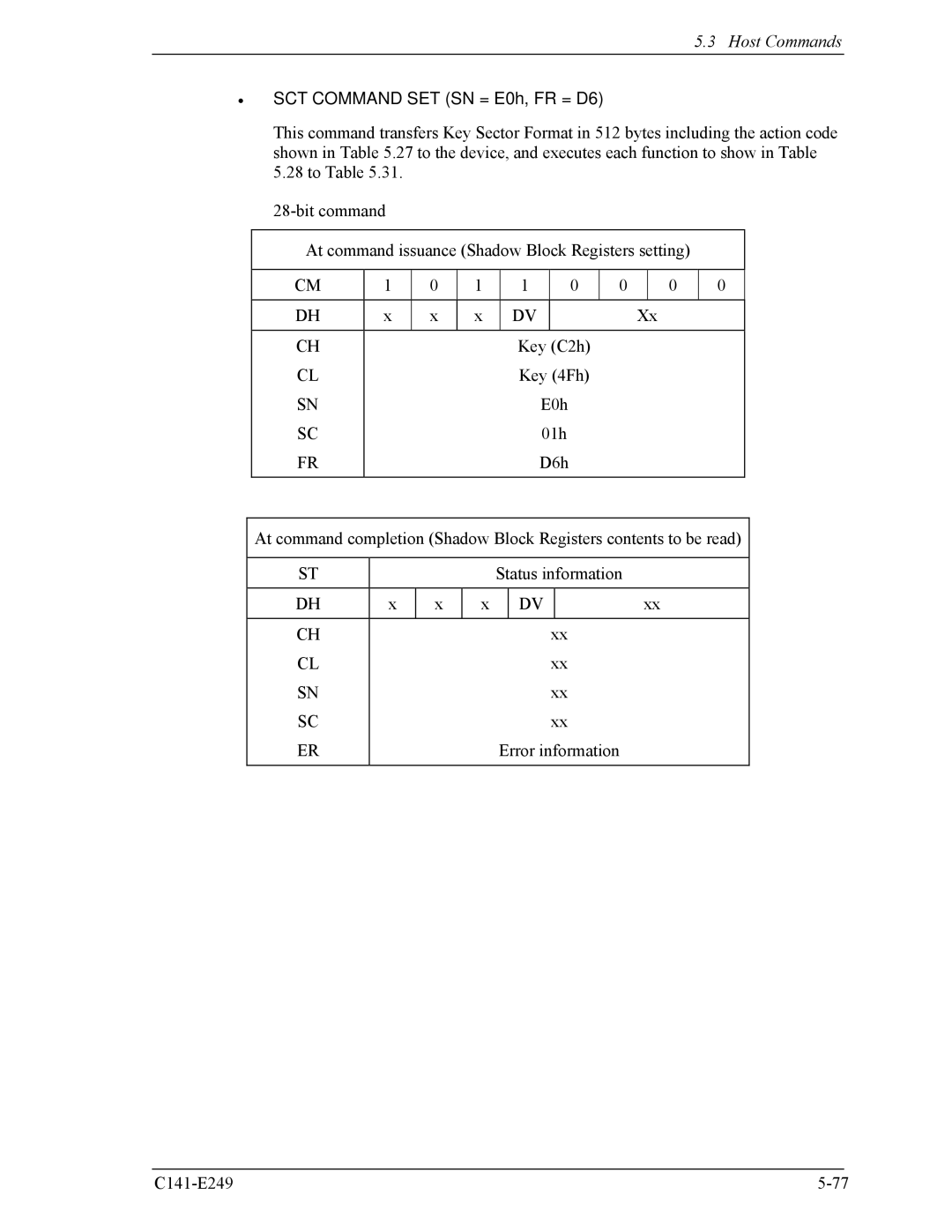 Fujitsu MHW2080BS, MHW2100BS, MHW2120BS, MHW2040BS, MHW2060BS manual SCT Command SET SN = E0h, FR = D6 