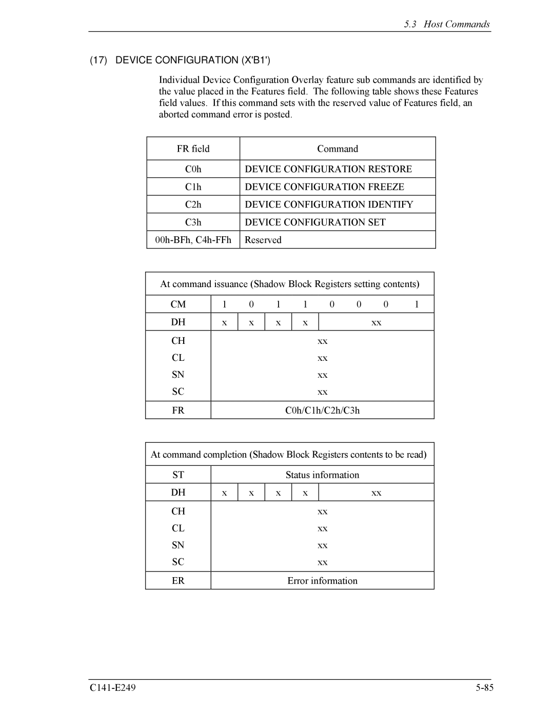 Fujitsu MHW2060BS, MHW2100BS, MHW2080BS Device Configuration XB1, Device Configuration Restore, Device Configuration Freeze 