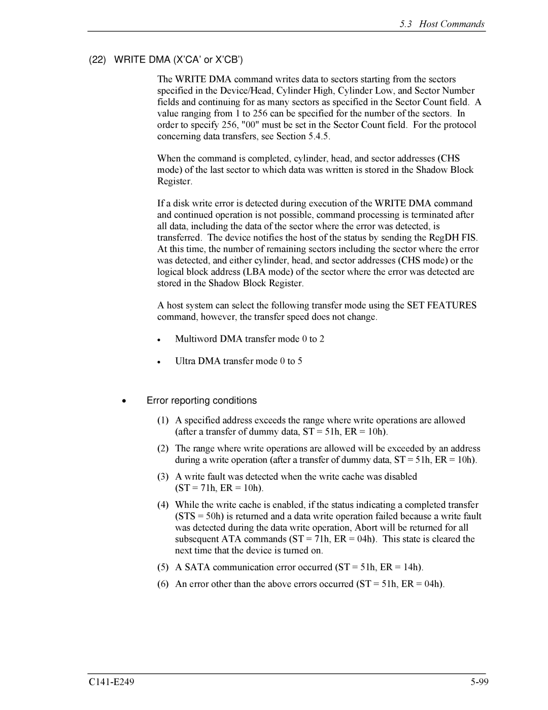 Fujitsu MHW2040BS, MHW2100BS, MHW2080BS, MHW2120BS, MHW2060BS manual Write DMA X’CA’ or X’CB’ 