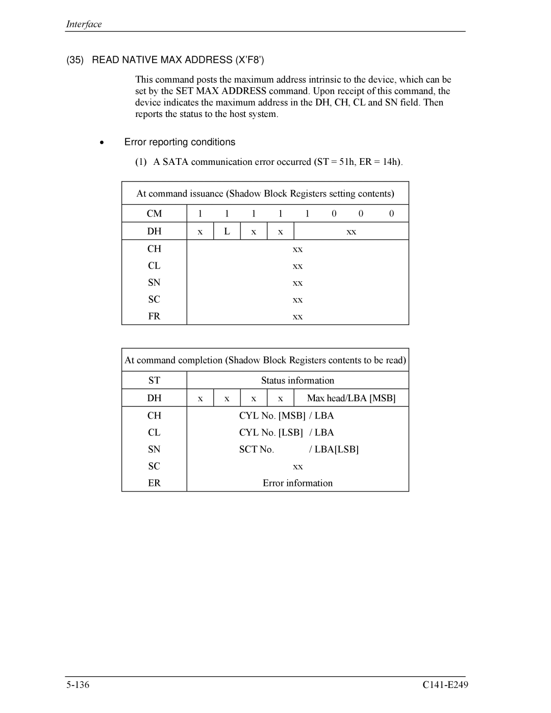 Fujitsu MHW2100BS, MHW2080BS, MHW2120BS, MHW2040BS, MHW2060BS manual Read Native MAX Address X’F8’, Lbalsb 