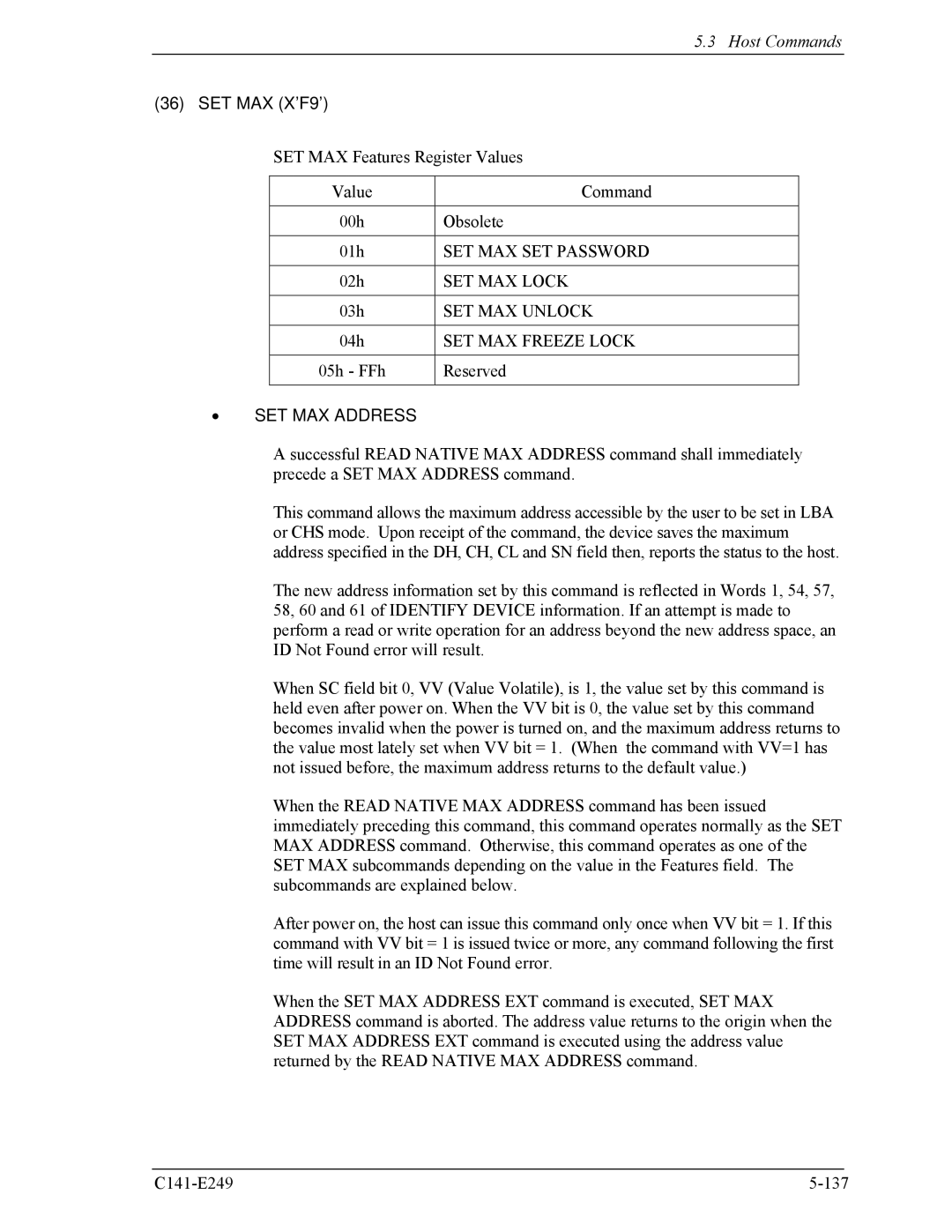 Fujitsu MHW2080BS, MHW2100BS, MHW2120BS, MHW2040BS, MHW2060BS manual SET MAX X’F9’, SET MAX Address 